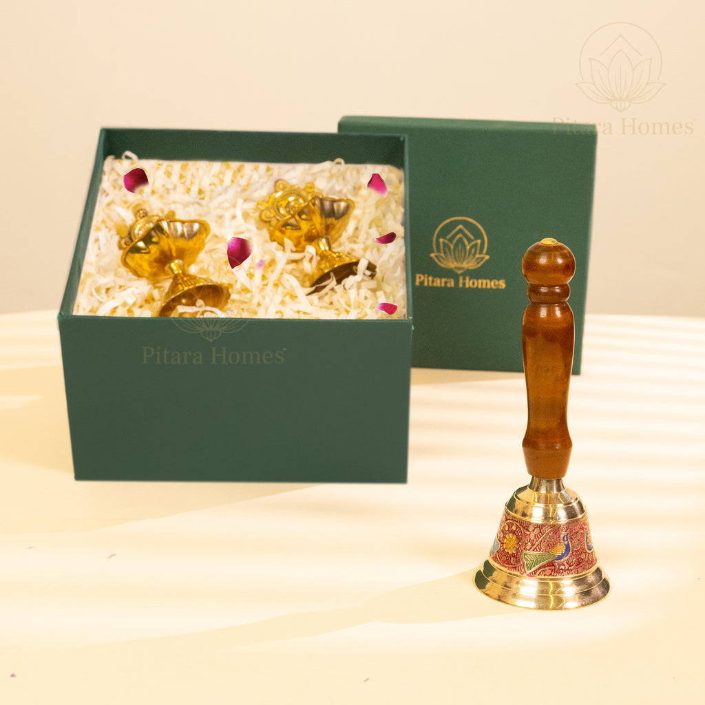 Wooden Hand Bell with Shankh-Chakra Diya Artistic Edition