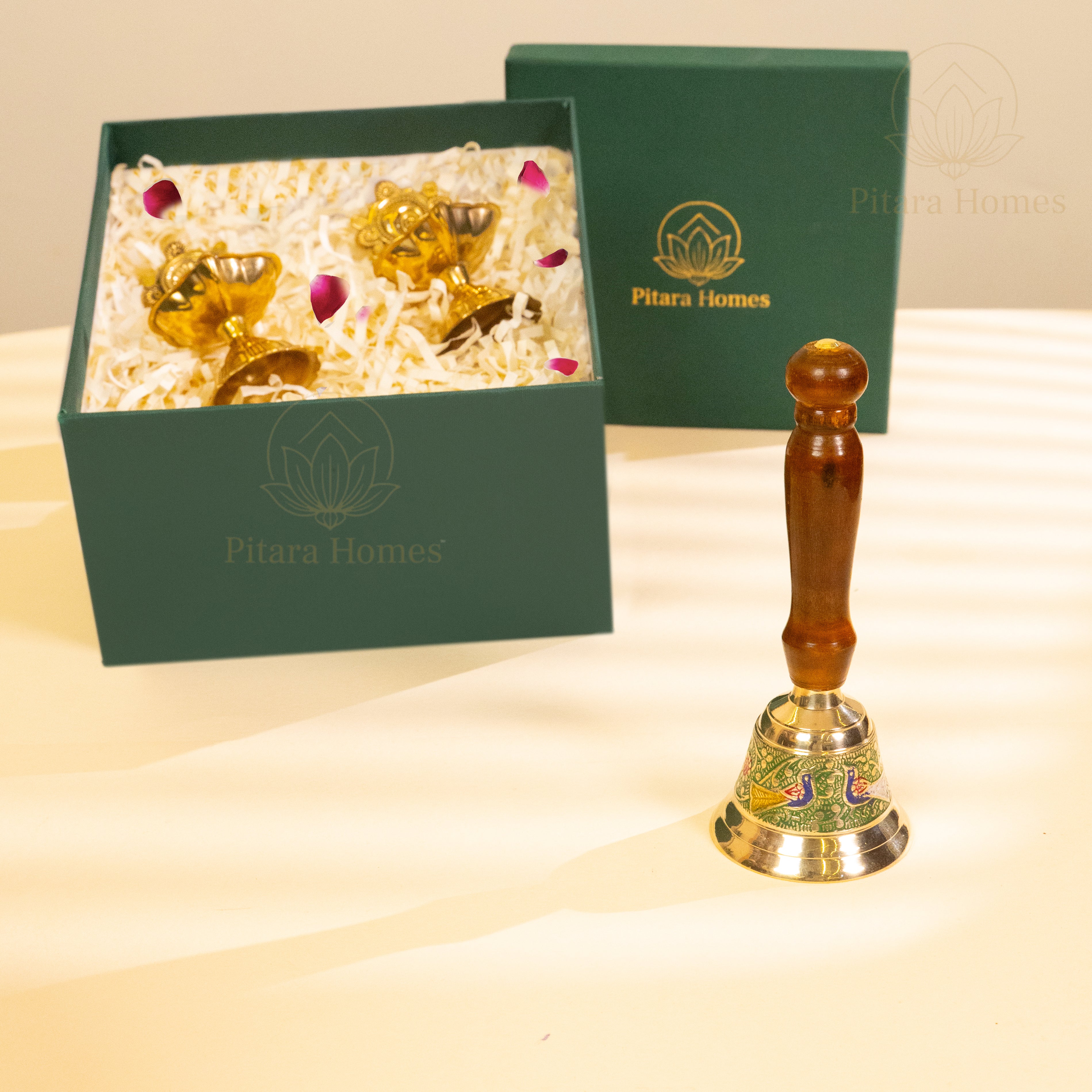 Wooden Hand Bell with Shankh-Chakra Diya Artistic Edition