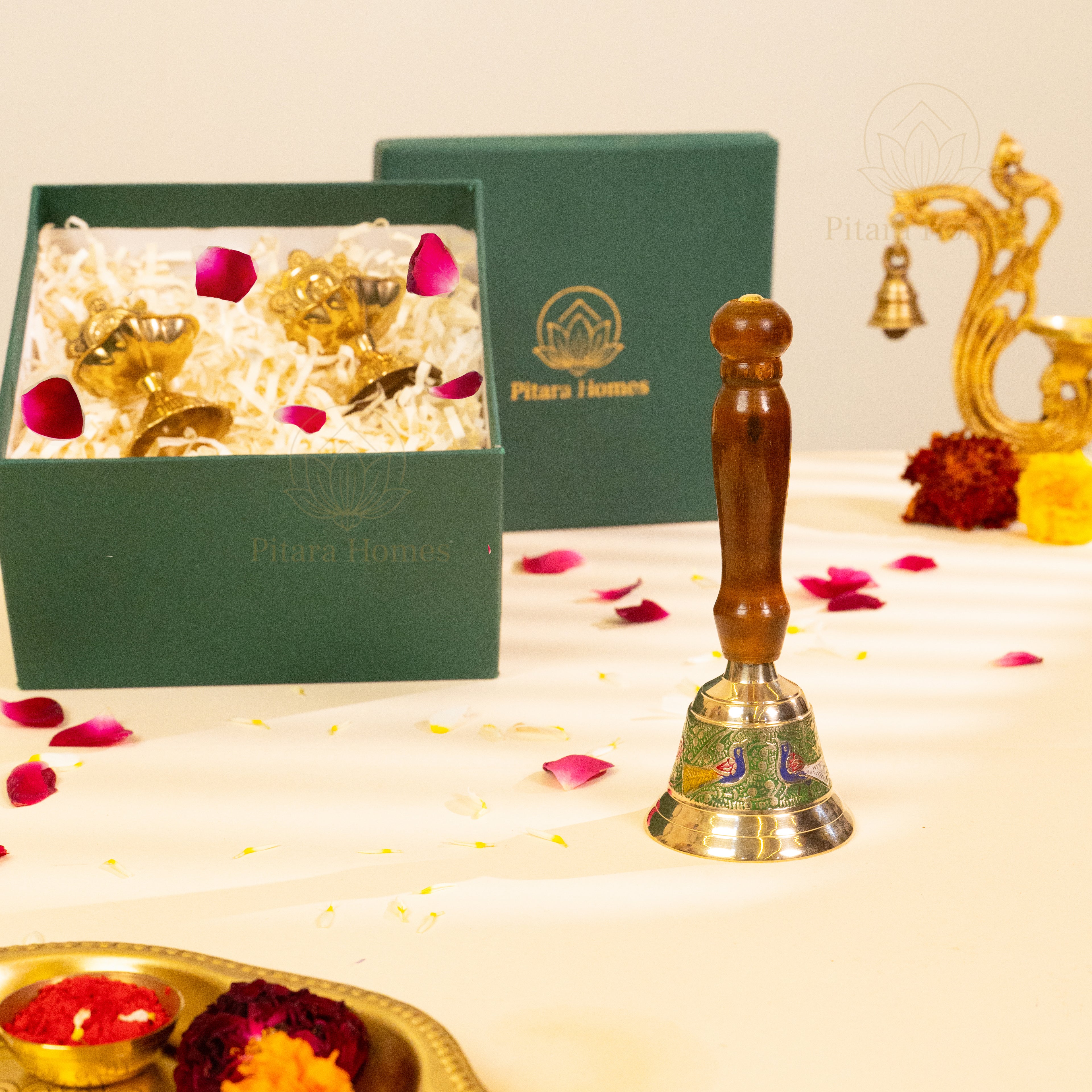 Wooden Hand Bell with Shankh-Chakra Diya Artistic Edition