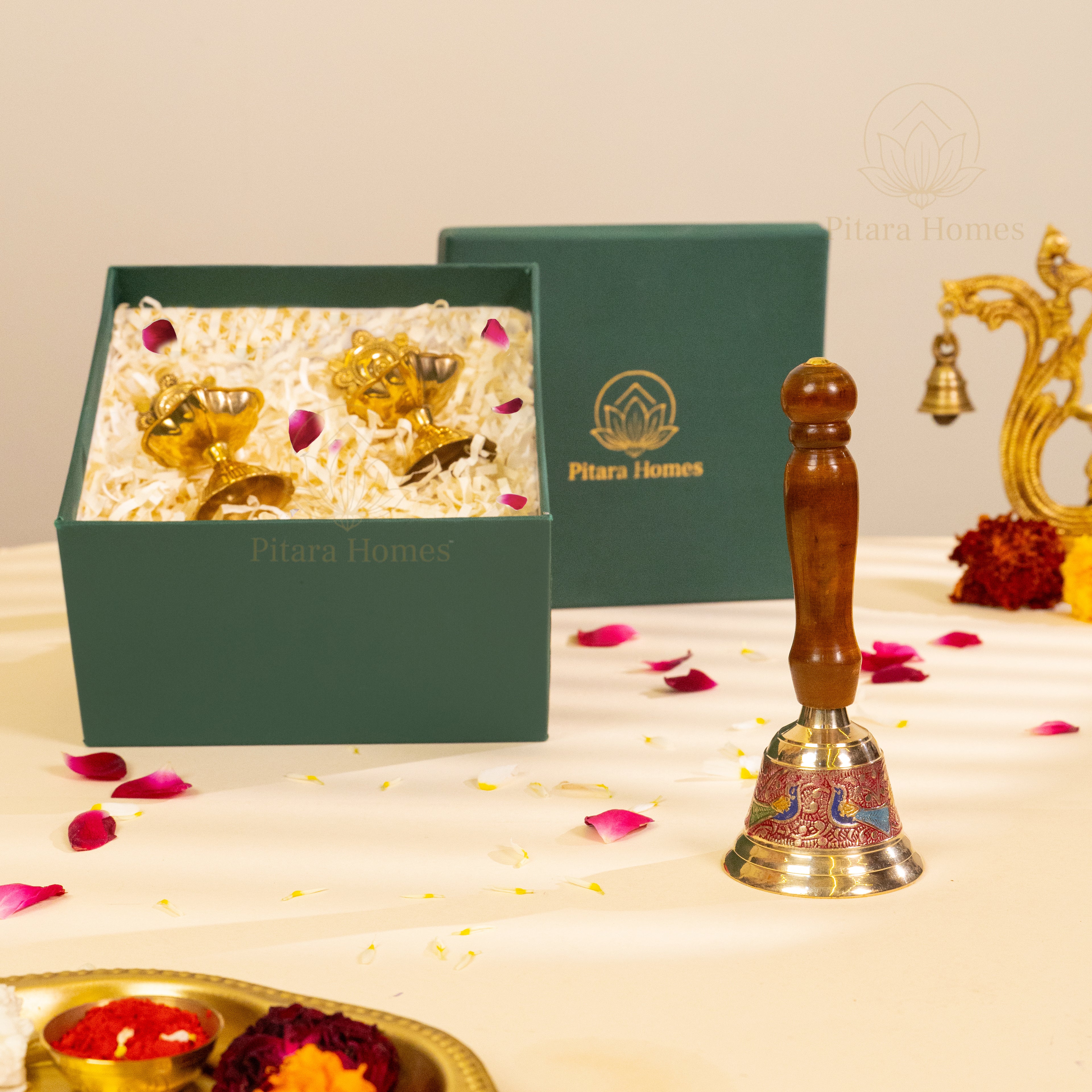 Wooden Hand Bell with Shankh-Chakra Diya Artistic Edition