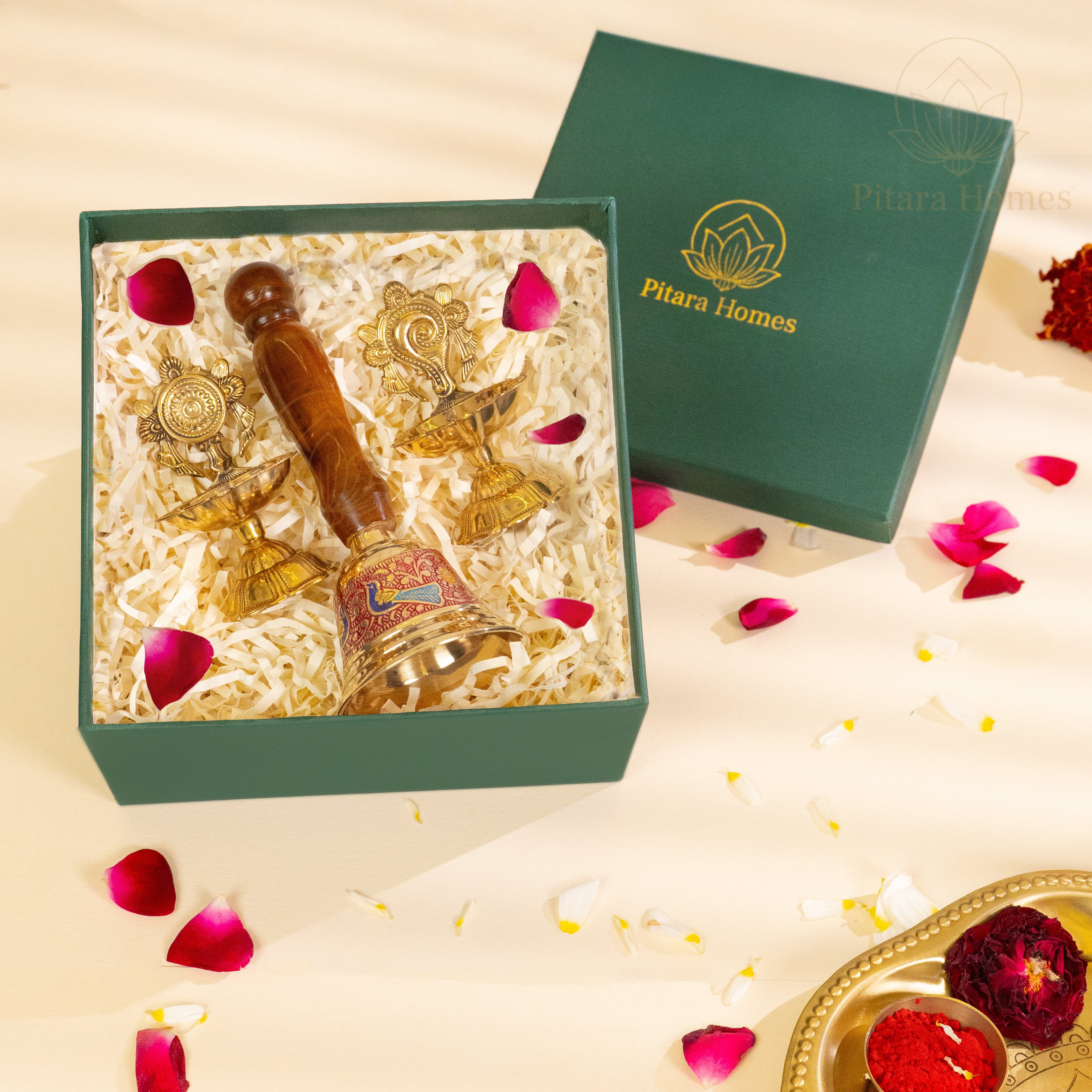 Wooden Hand Bell with Shankh-Chakra Diya Artistic Edition