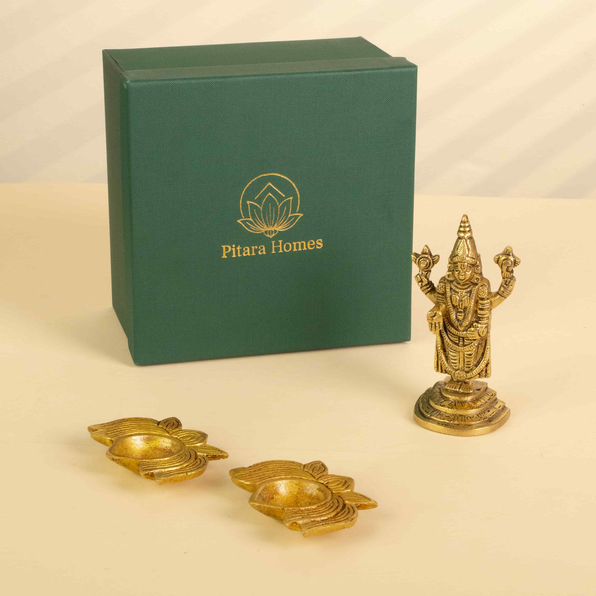 Pure Brass Balaji Idol & Lotus diya Gift (Set of 3)