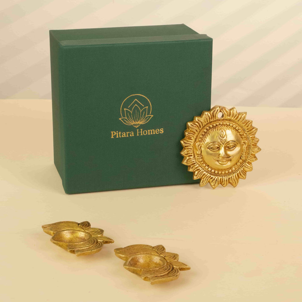 Premium Surya Wall Hanging and Lotus diya Gift (Set of 3)