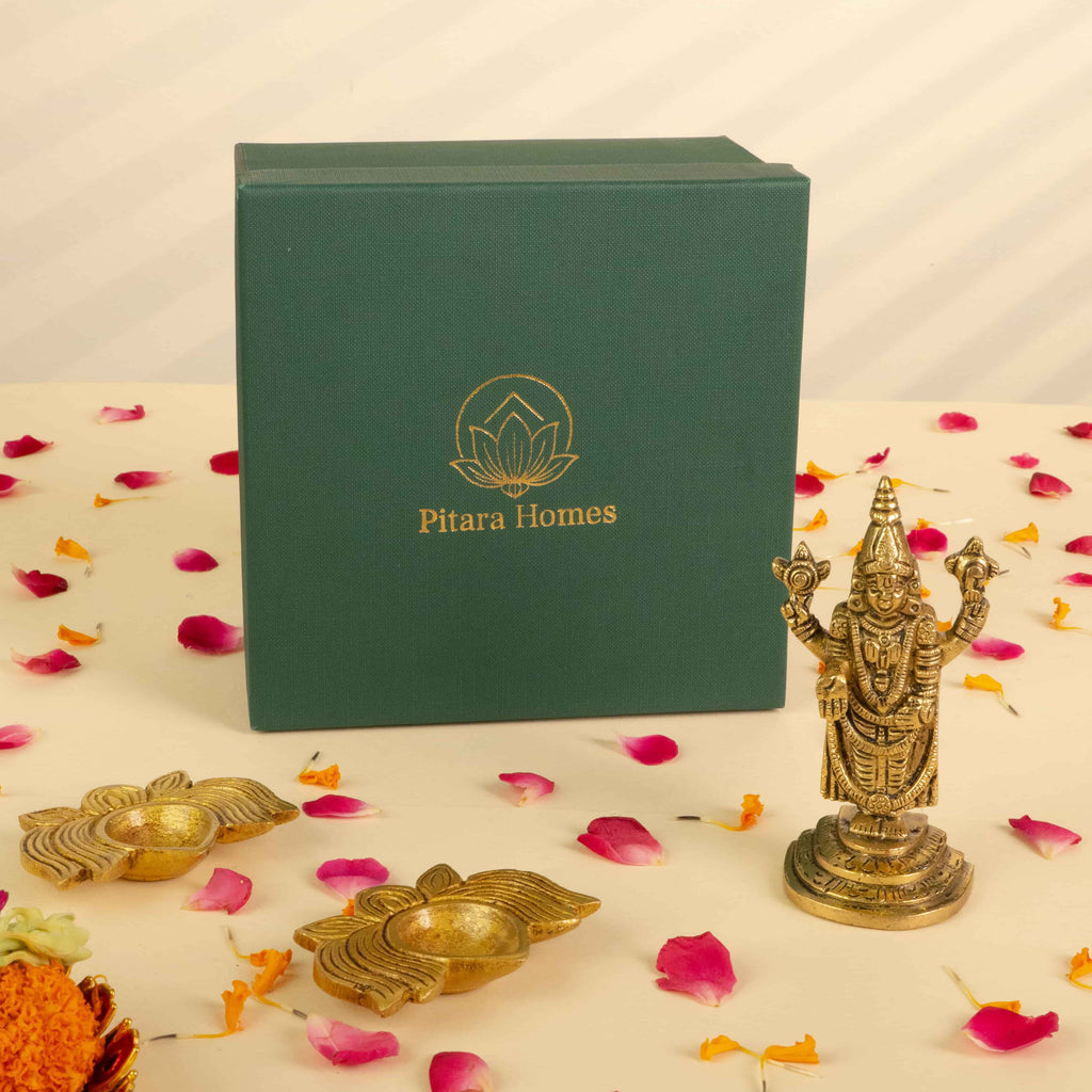 Pure Brass Balaji Idol & Lotus diya Gift (Set of 3)