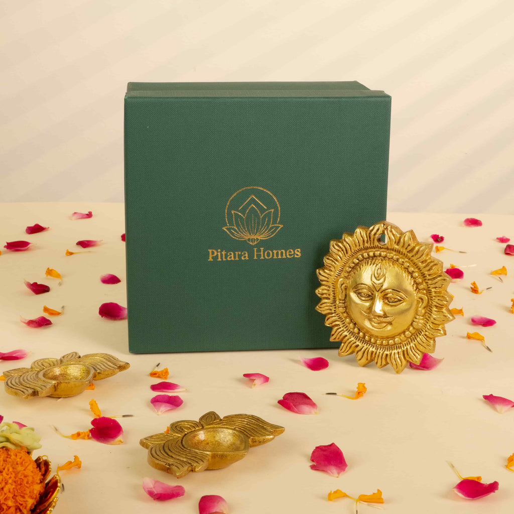 Premium Surya Wall Hanging and Lotus diya Gift (Set of 3)