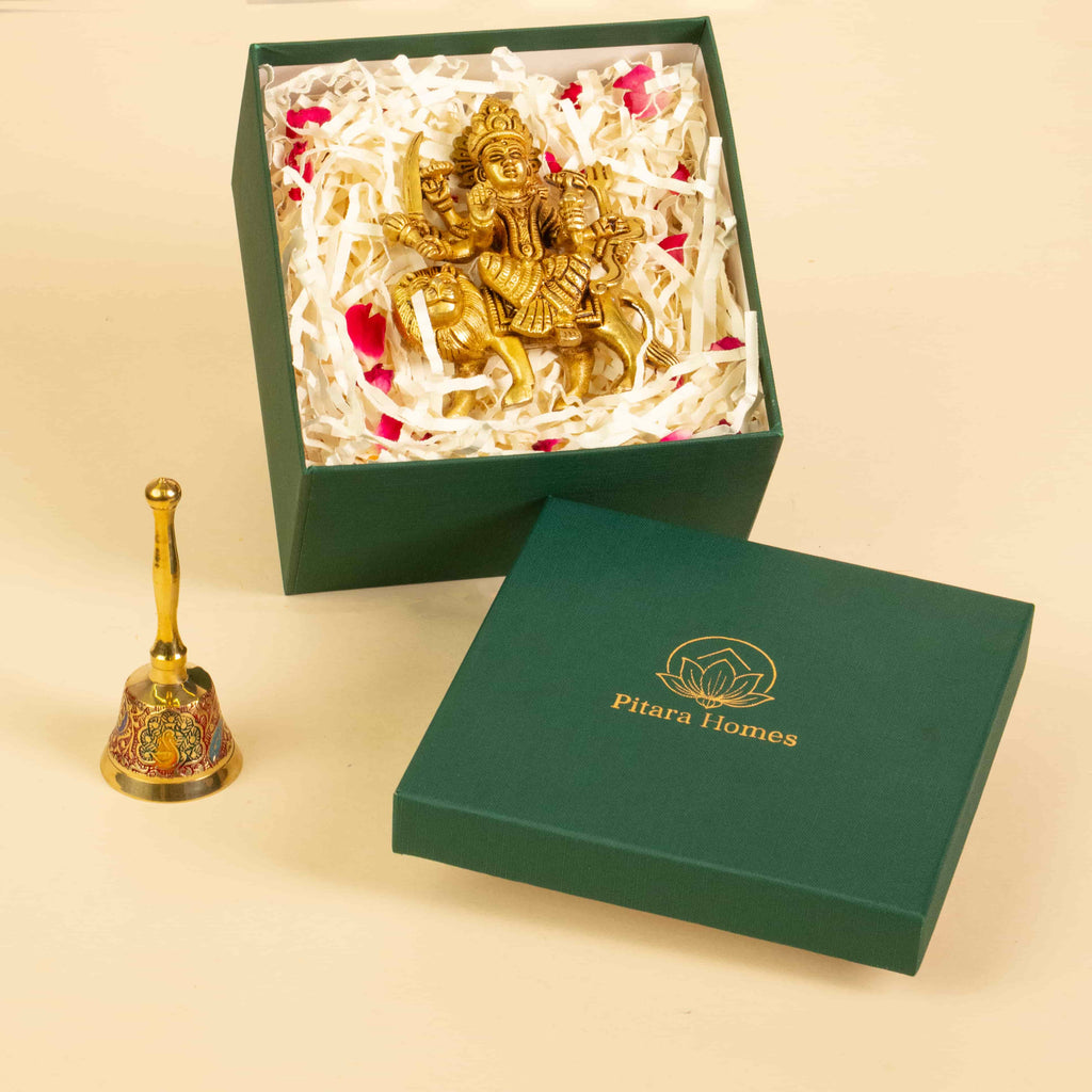 Premium Gift box Brass Sherawali Maa & Meenakari Bell