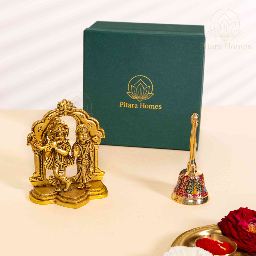 Beautiful Radha Krishna with Peacock Meenakari Bell