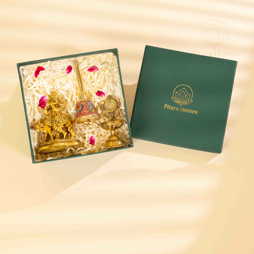 Pure Brass Krishna idol with Meenakari bell and Diya