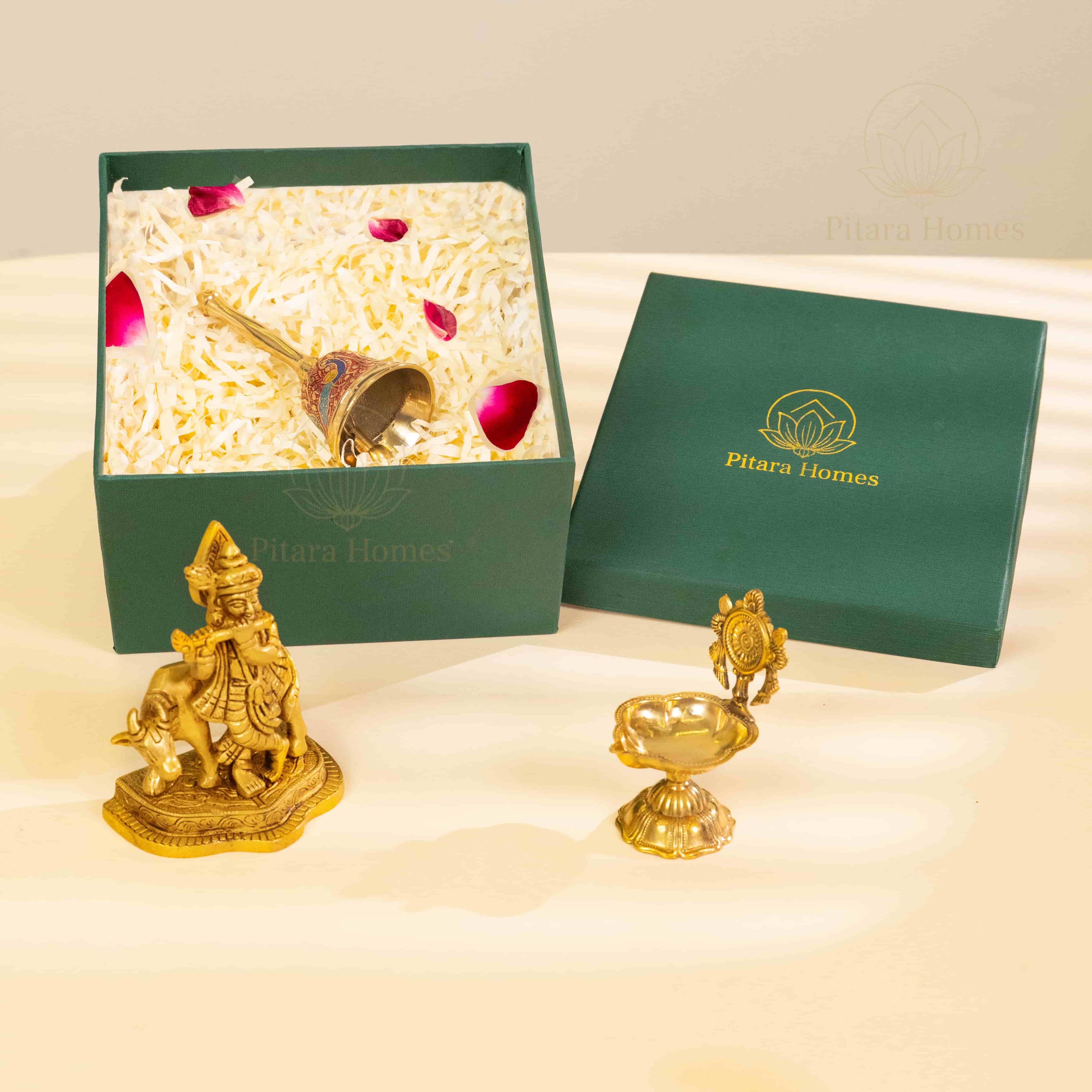 Pure Brass Krishna idol with Meenakari bell and Diya