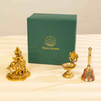 Pure Brass Krishna idol with Meenakari bell and Diya