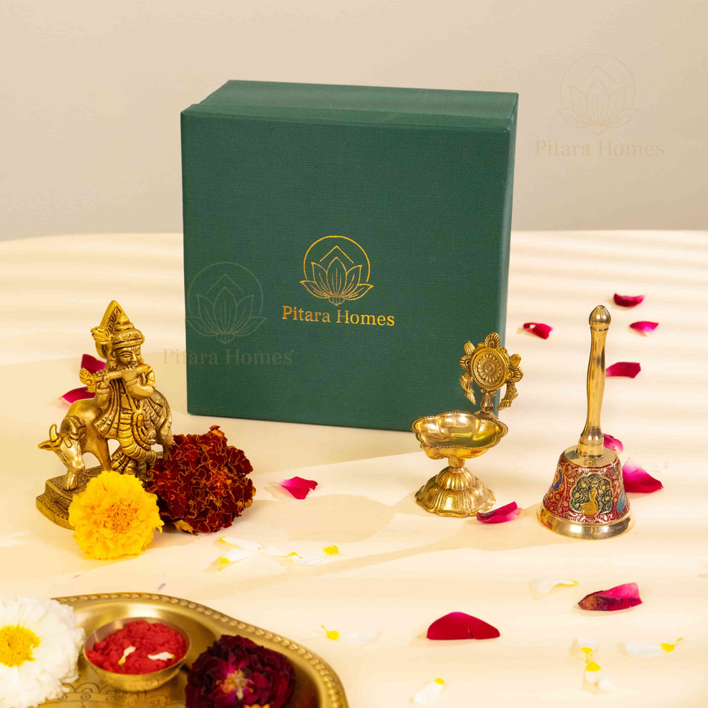 Pure Brass Krishna idol with Meenakari bell and Diya
