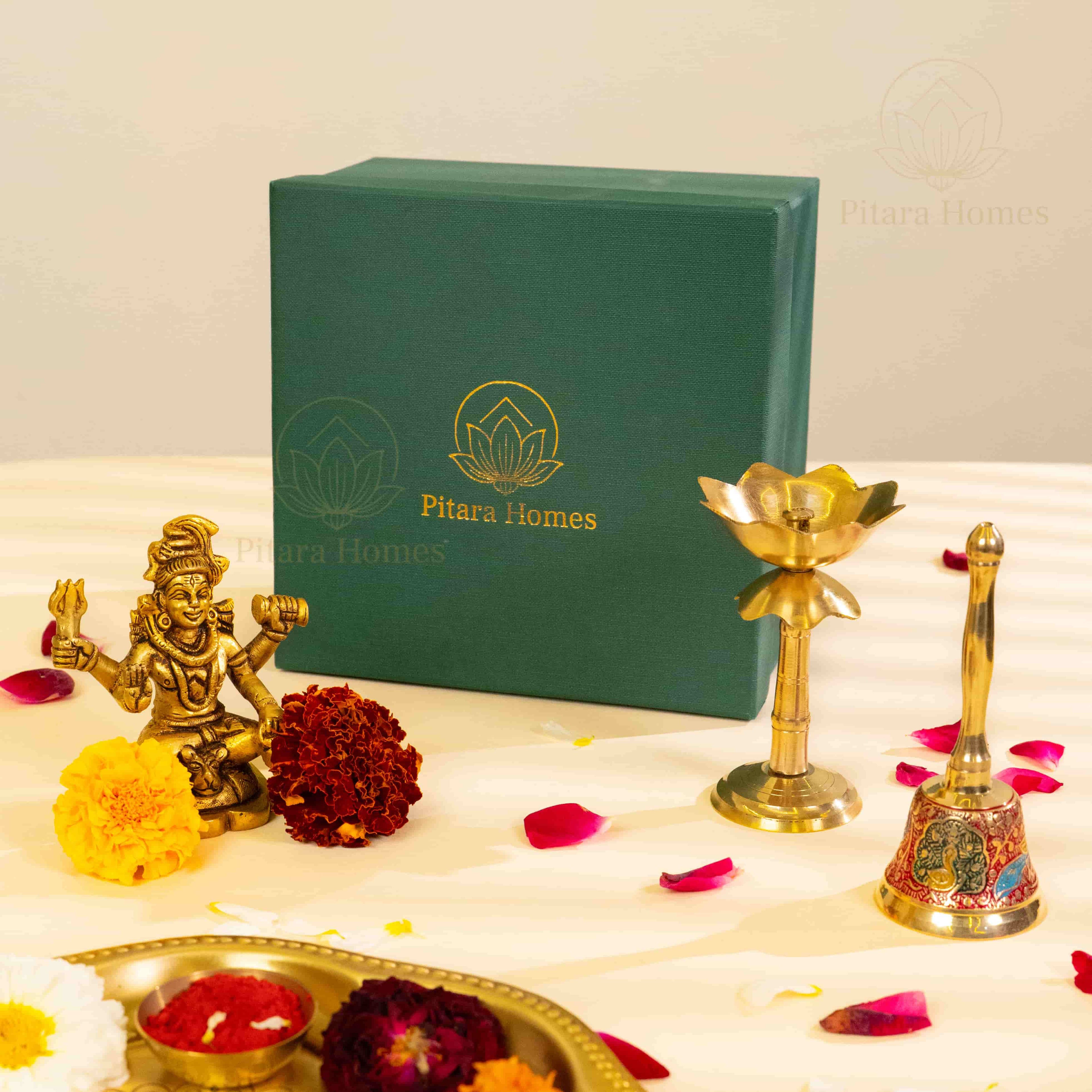 Shiva Idol with Lotus Diya and Hand Bell