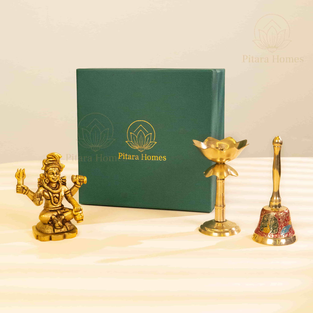 Shiva Idol with Lotus Diya and Hand Bell