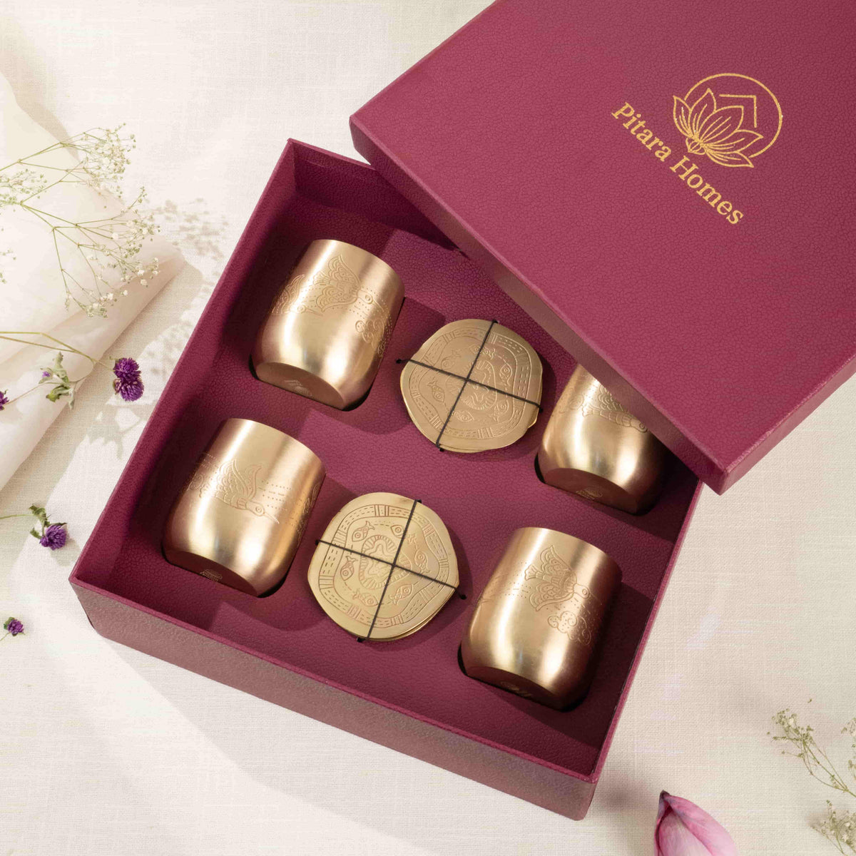 Amber Pakshi Glasses & Jal Katha Coasters Gift Set