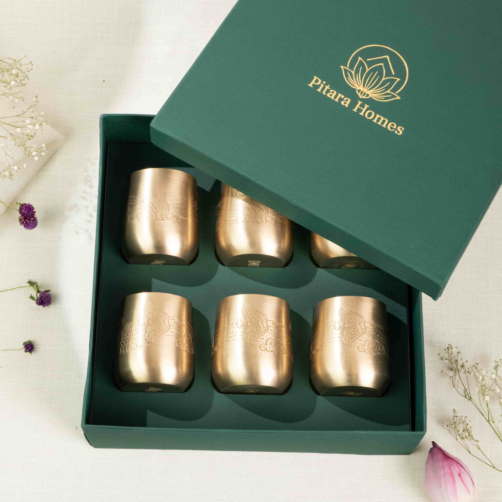 Amber Pakshi Brass Glasses Gift (Set of 6)