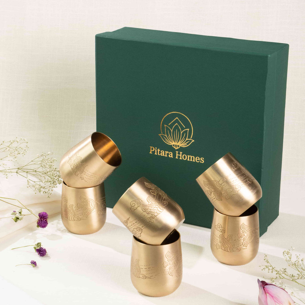 Amber Pakshi Brass Glasses Gift (Set of 6)