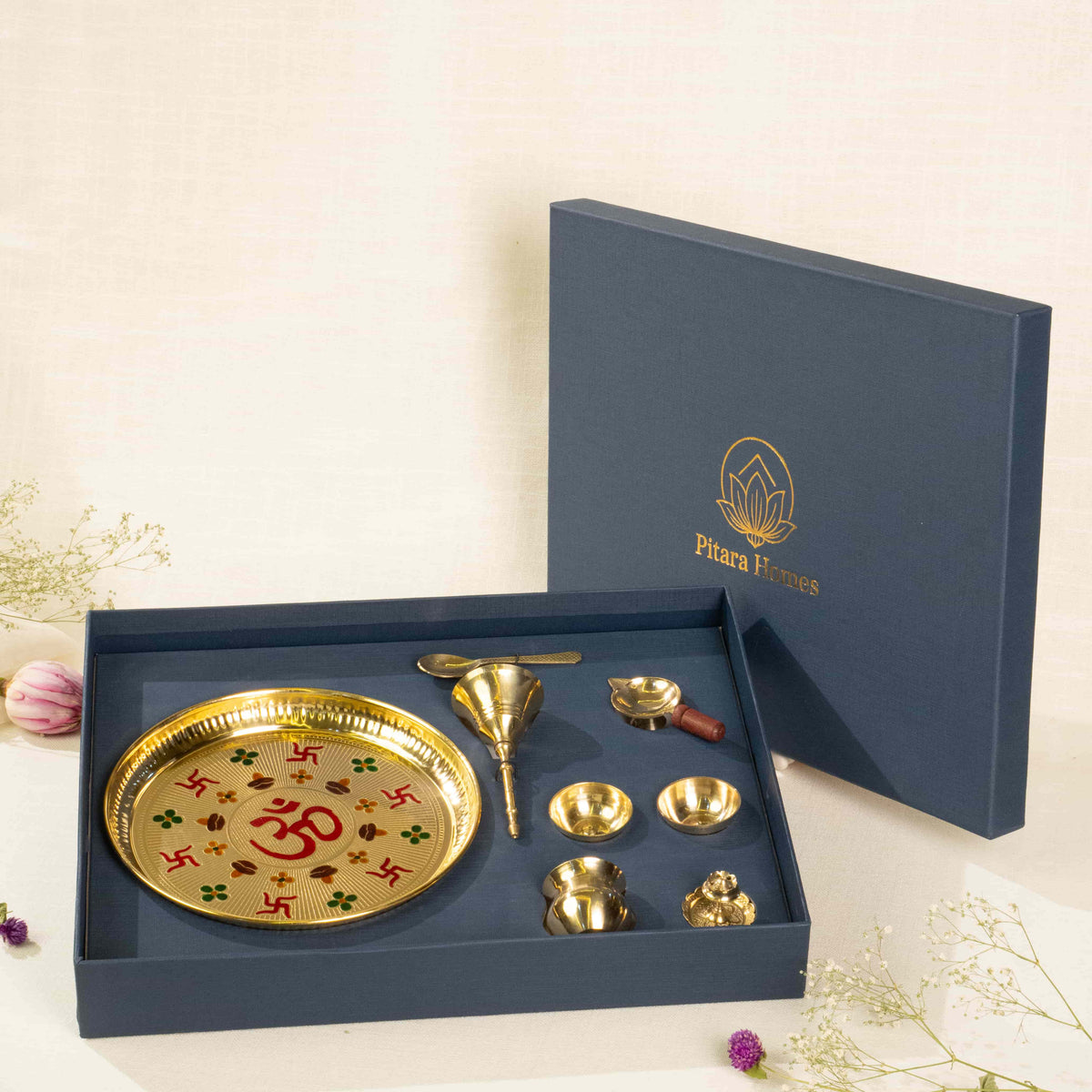 Pure Brass Om and Swastika Pooja Thali (Set of 8)