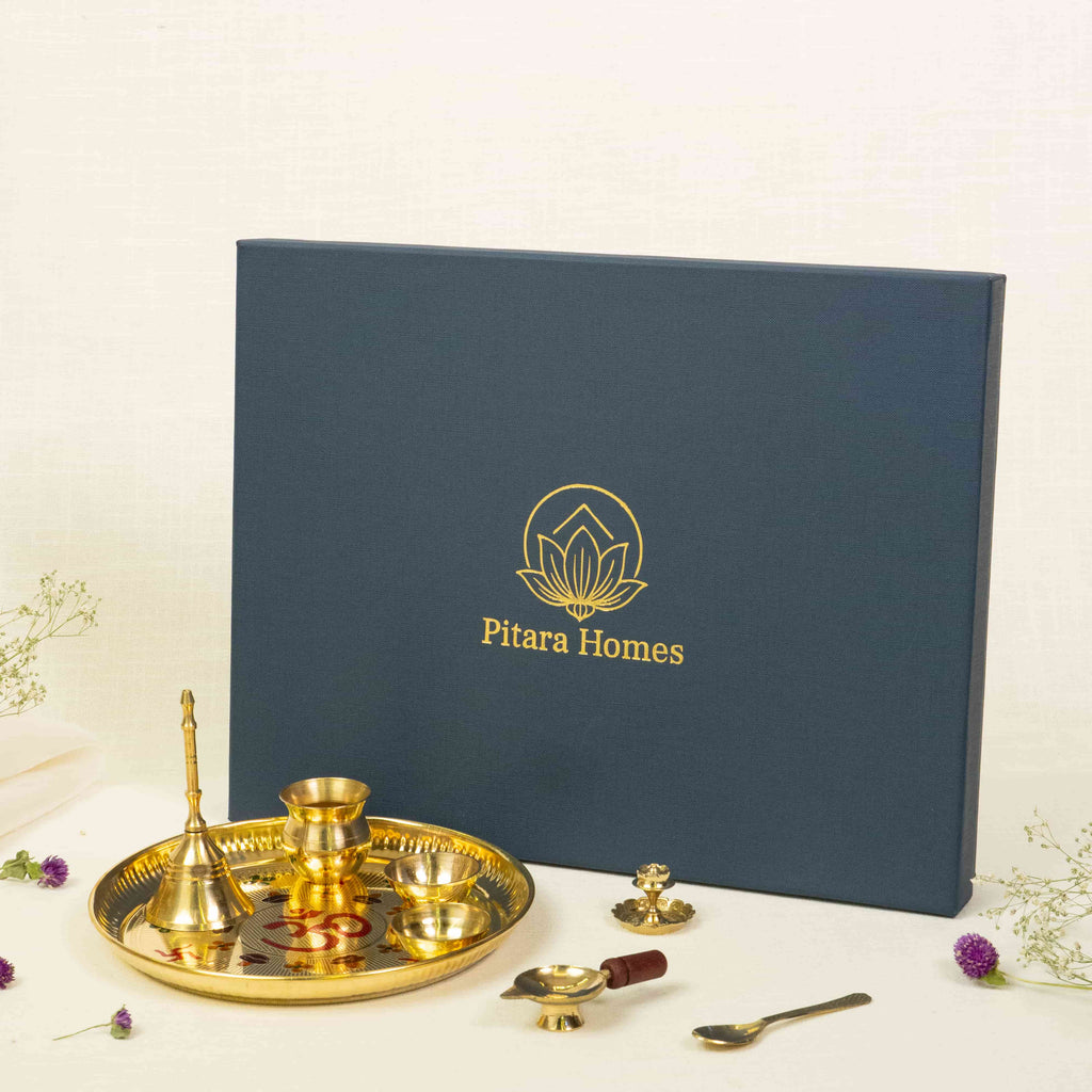 Pure Brass Om and Swastika Pooja Thali (Set of 8)
