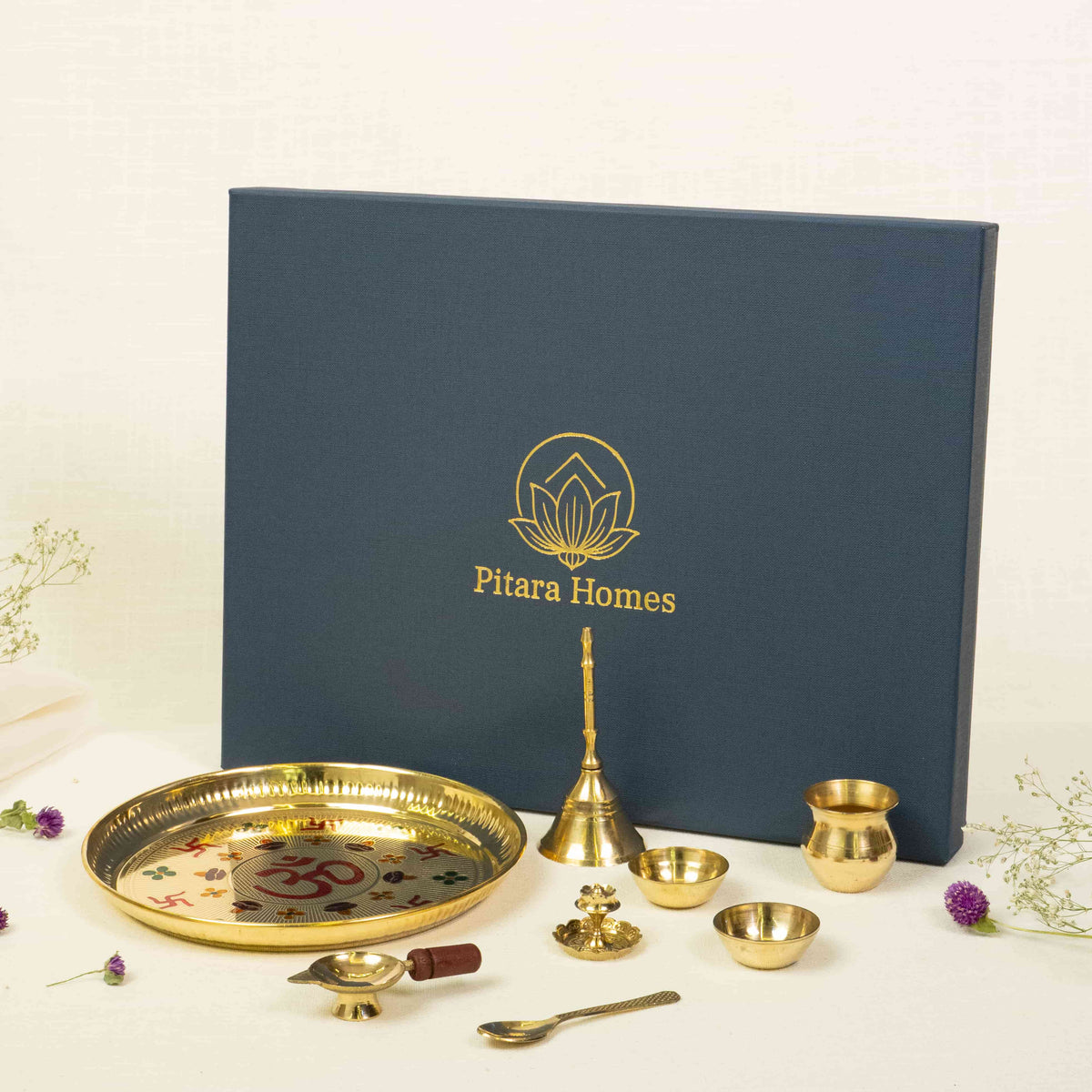 Pure Brass Om and Swastika Pooja Thali (Set of 8)