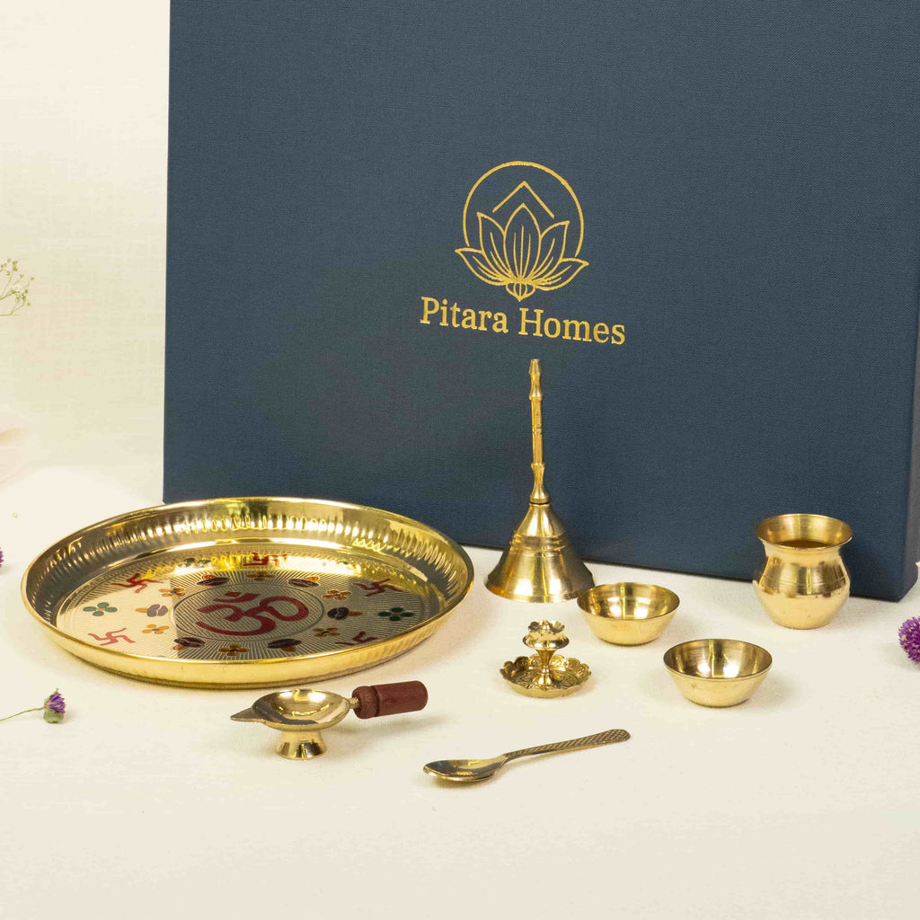Pure Brass Om and Swastika Pooja Thali (Set of 8)