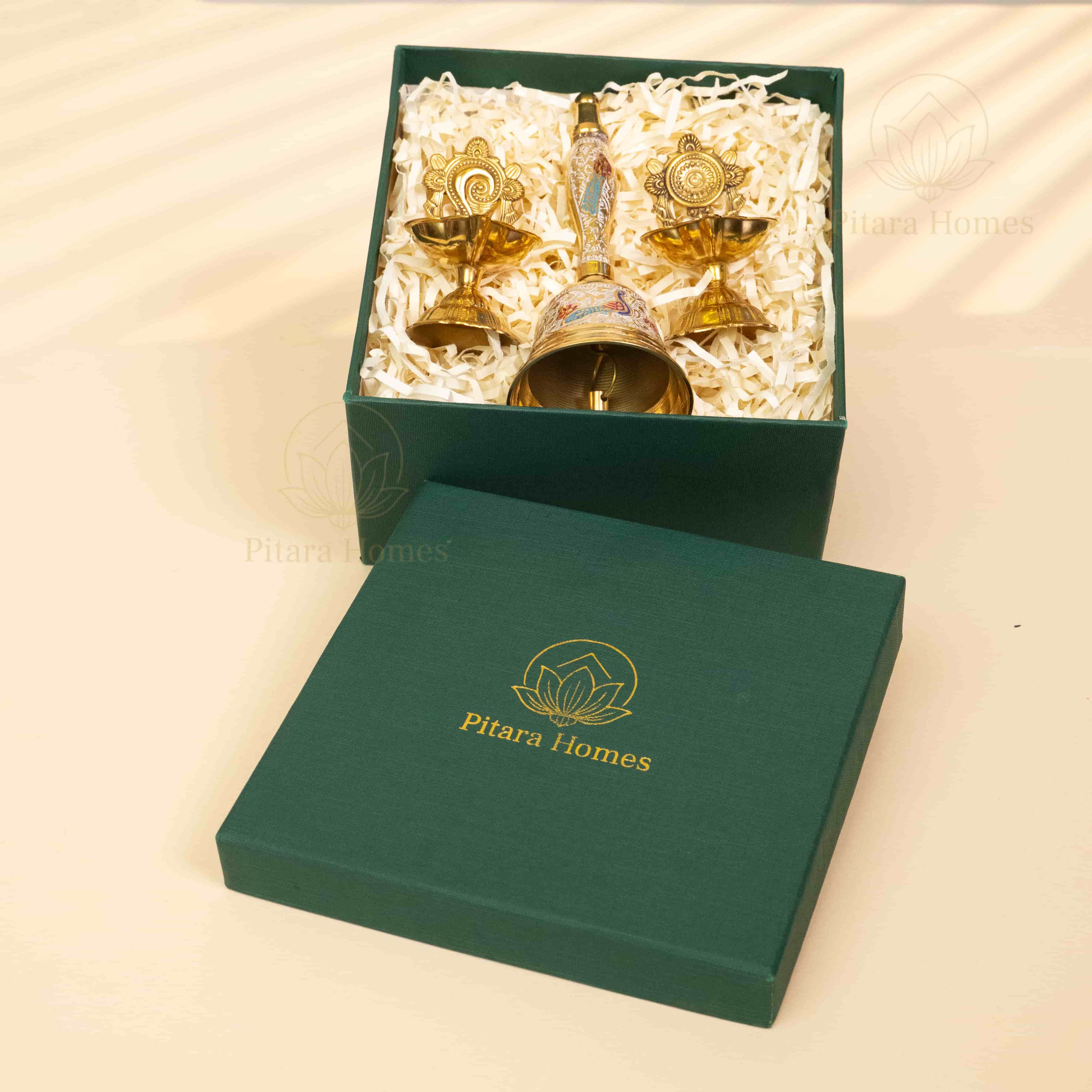 Grand Brass Hand Bell with Shankh-Chakra Diya set