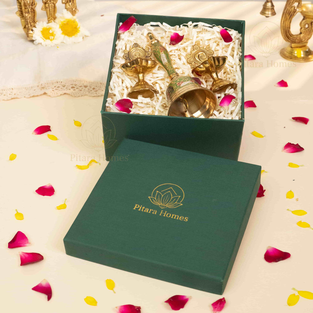 Grand Brass Hand Bell with Shankh-Chakra Diya set