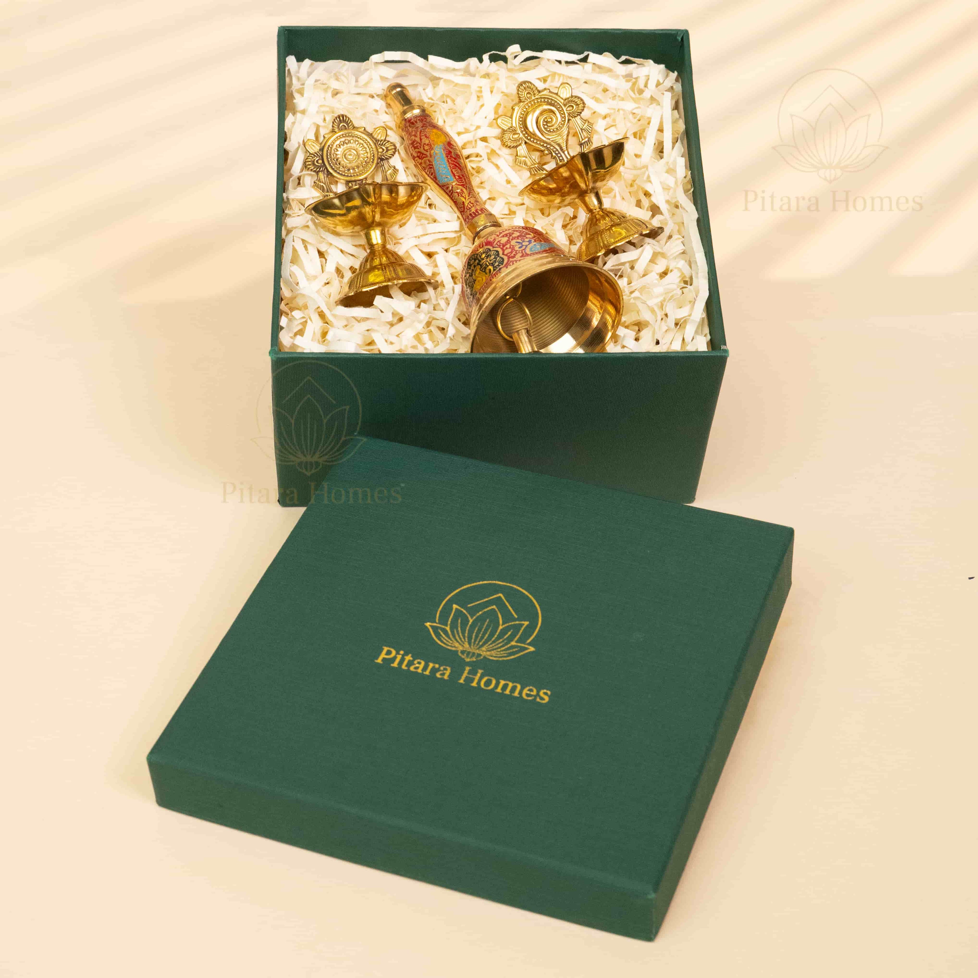 Grand Brass Hand Bell with Shankh-Chakra Diya set
