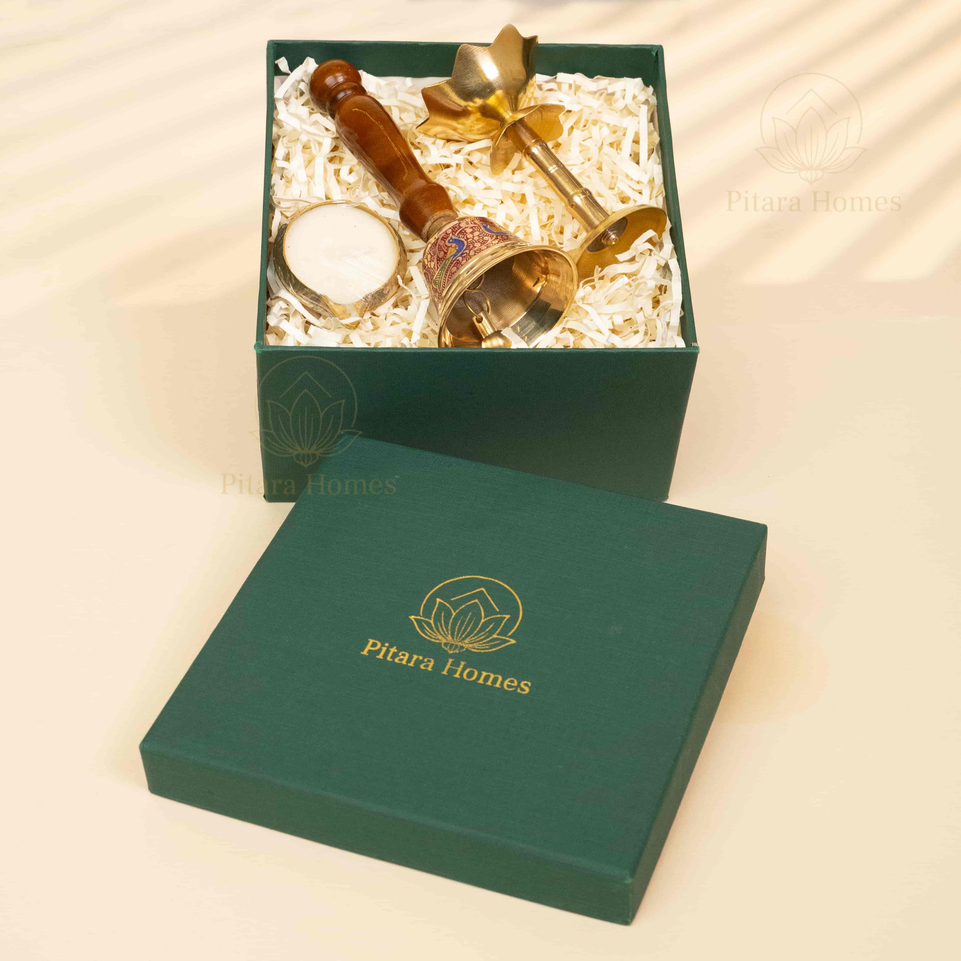 Divine Wooden Bell with Lotus Diya & Brass Candle