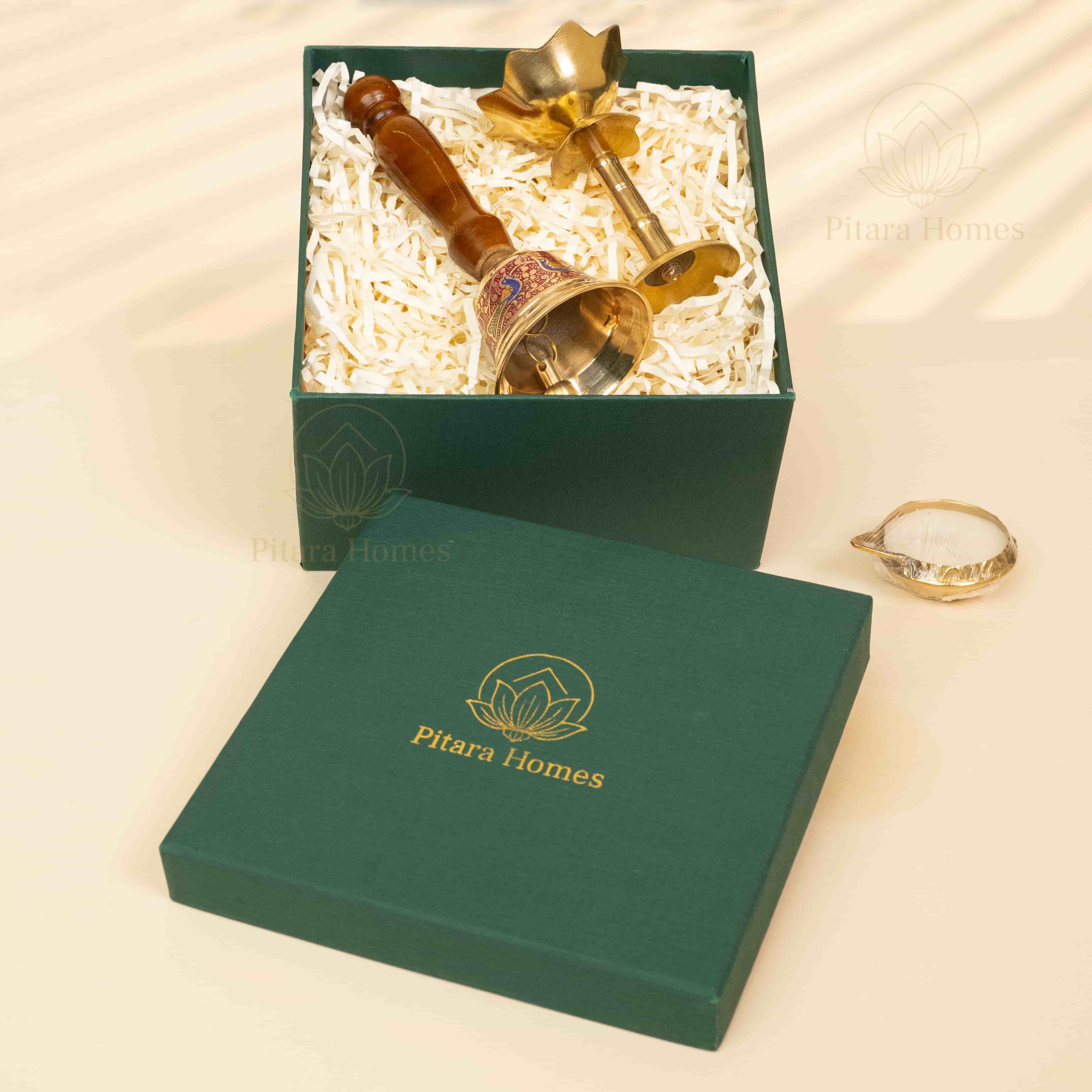 Divine Wooden Bell with Lotus Diya & Brass Candle