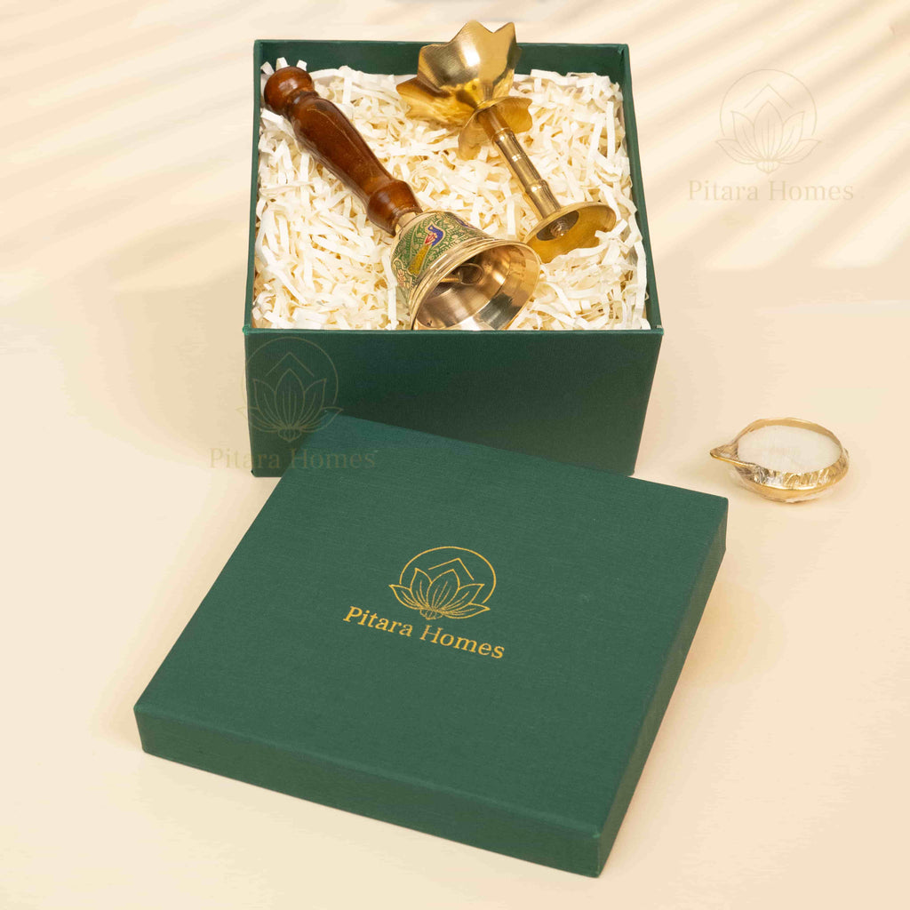 Divine Wooden Bell with Lotus Diya & Brass Candle