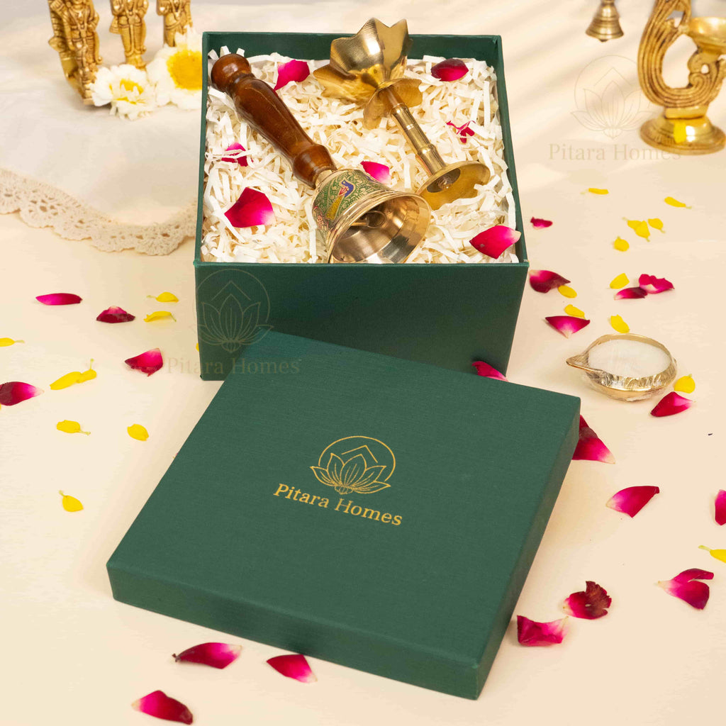 Divine Wooden Bell with Lotus Diya & Brass Candle