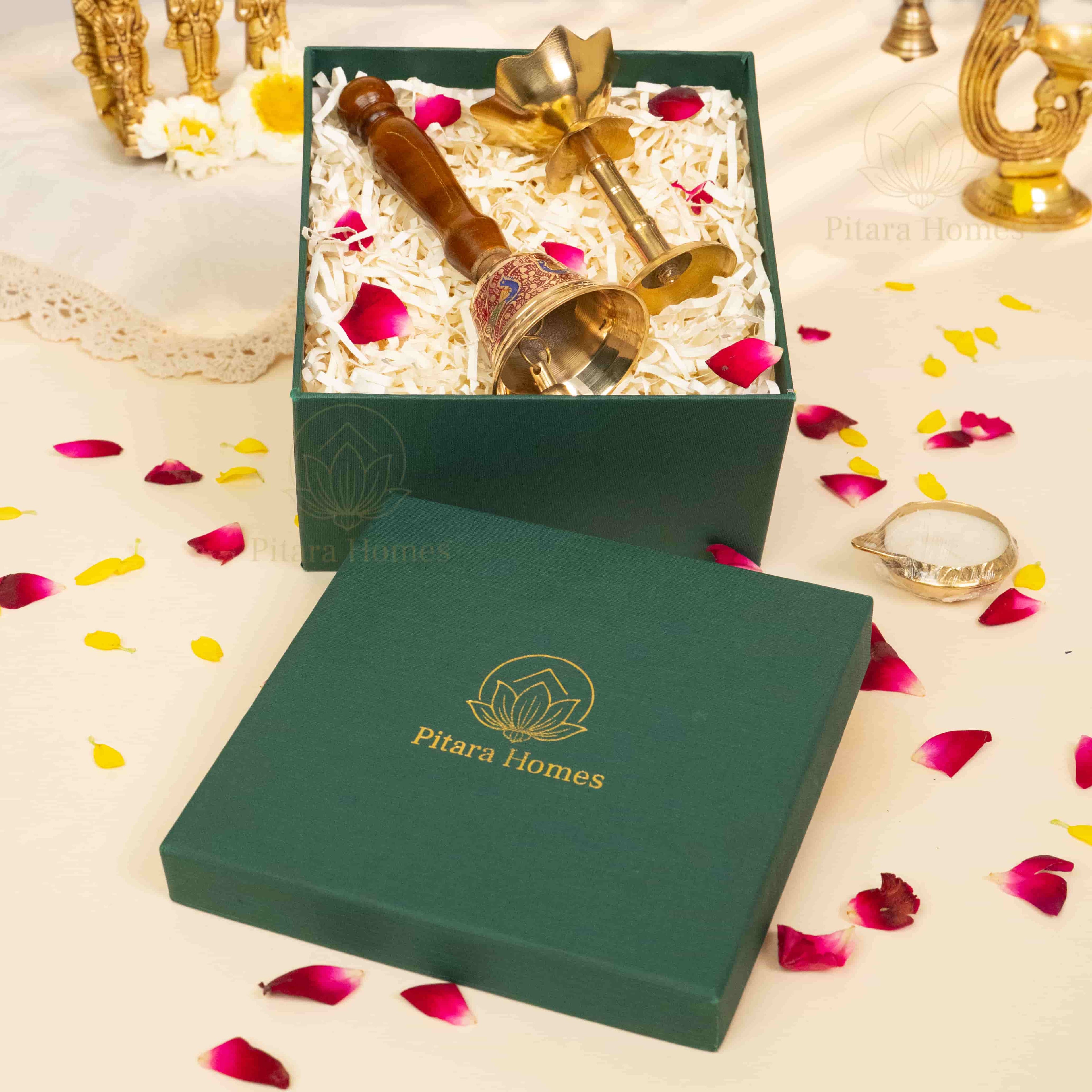 Divine Wooden Bell with Lotus Diya & Brass Candle