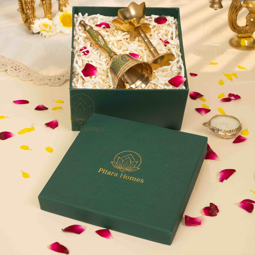 Meenakari Brass Bell with Lotus Diya and Candle