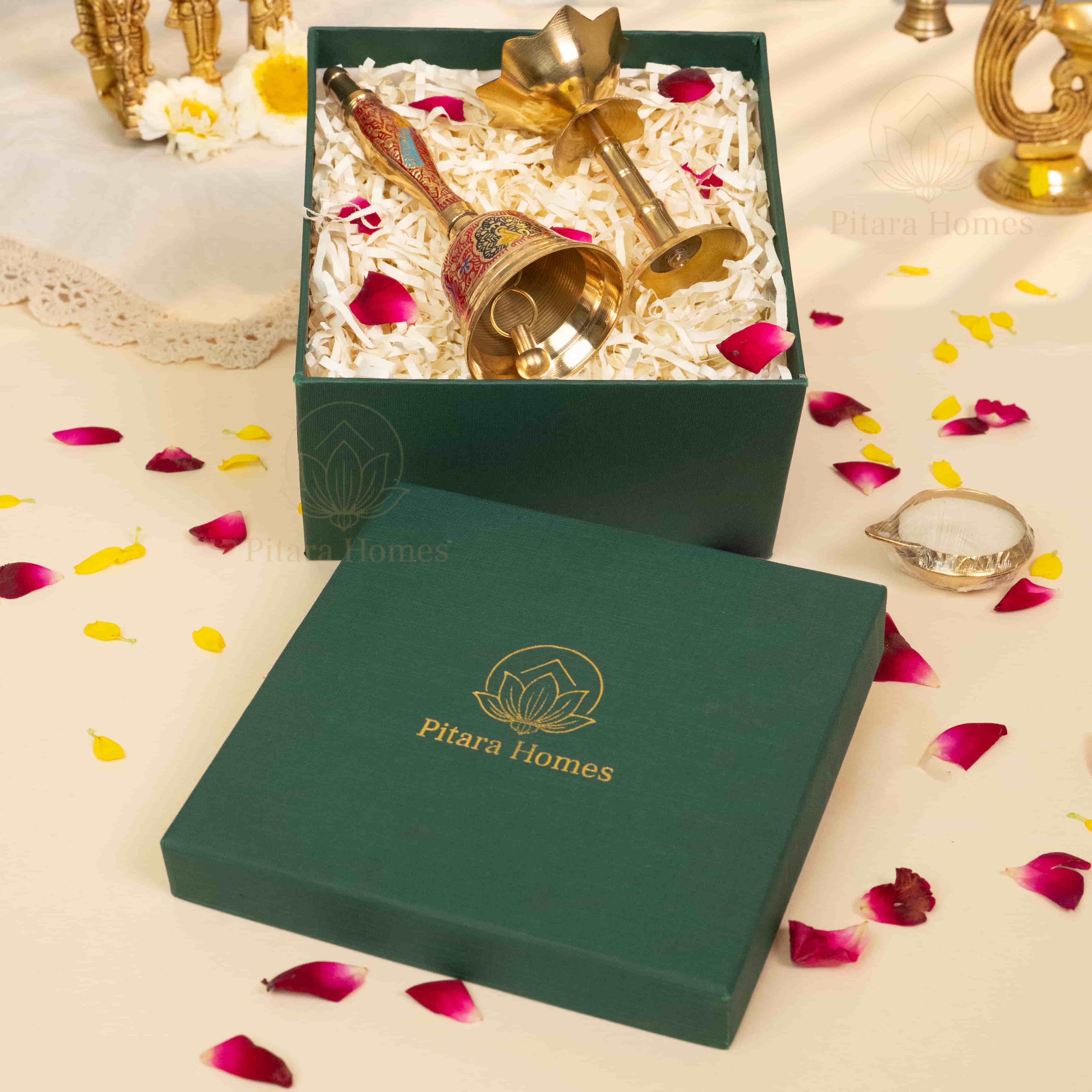 Meenakari Brass Bell with Lotus Diya and Candle
