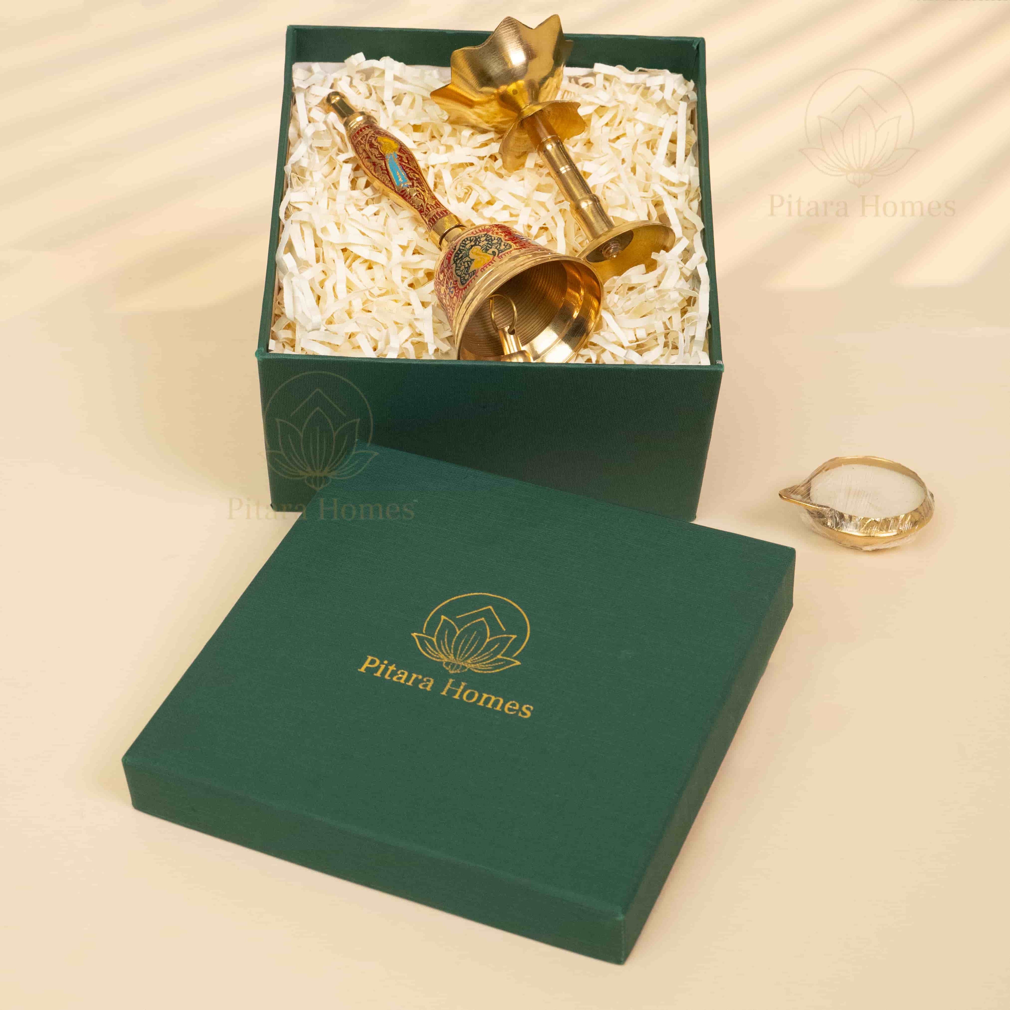 Meenakari Brass Bell with Lotus Diya and Candle