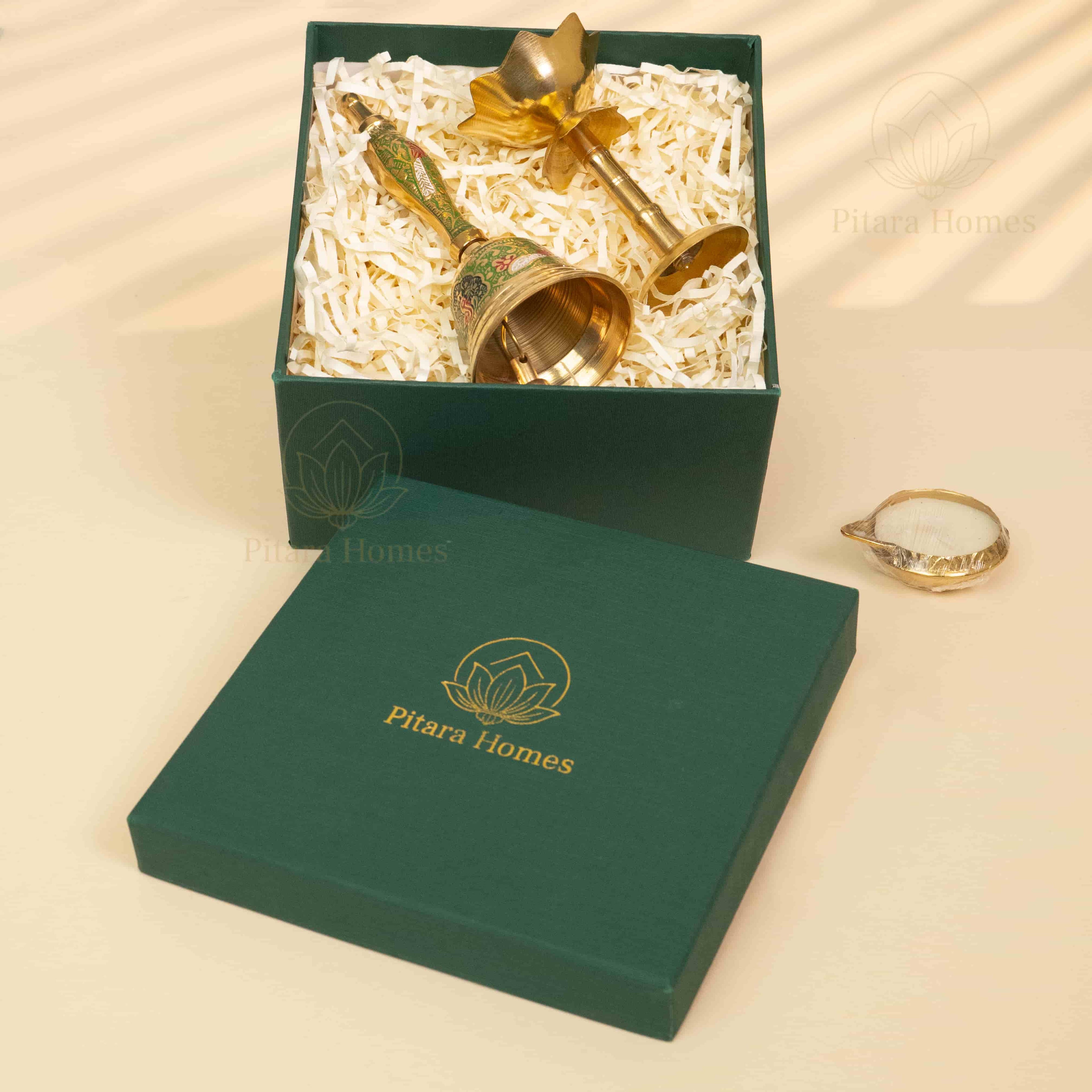 Meenakari Brass Bell with Lotus Diya and Candle