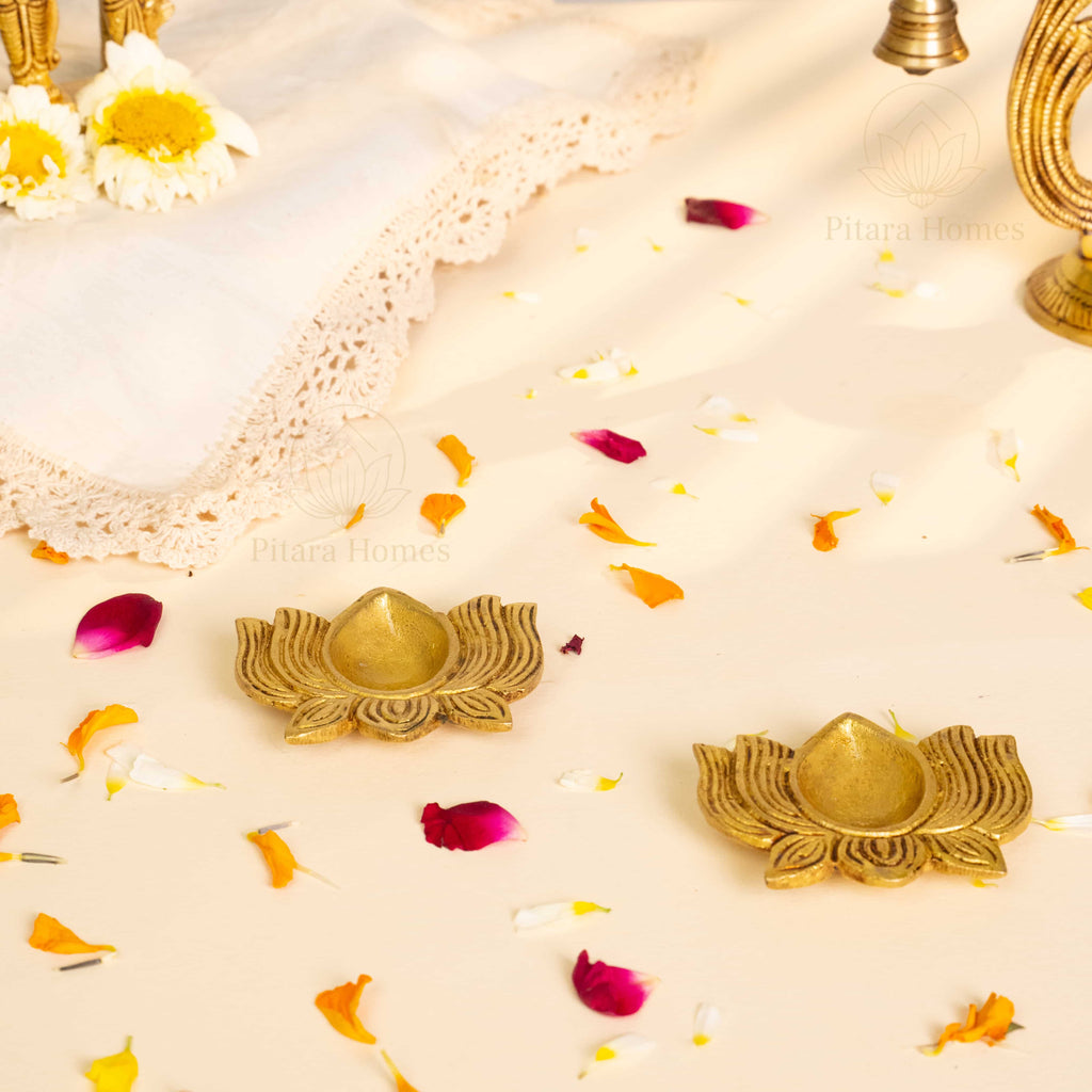 Pure Brass Lotus Diya Set of 2