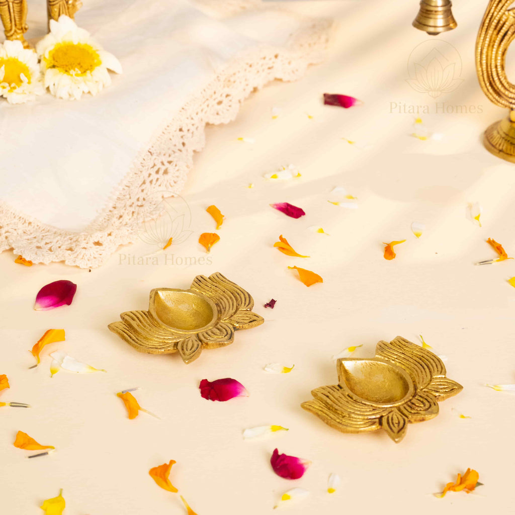 Pure Brass Lotus Diya Set of 2