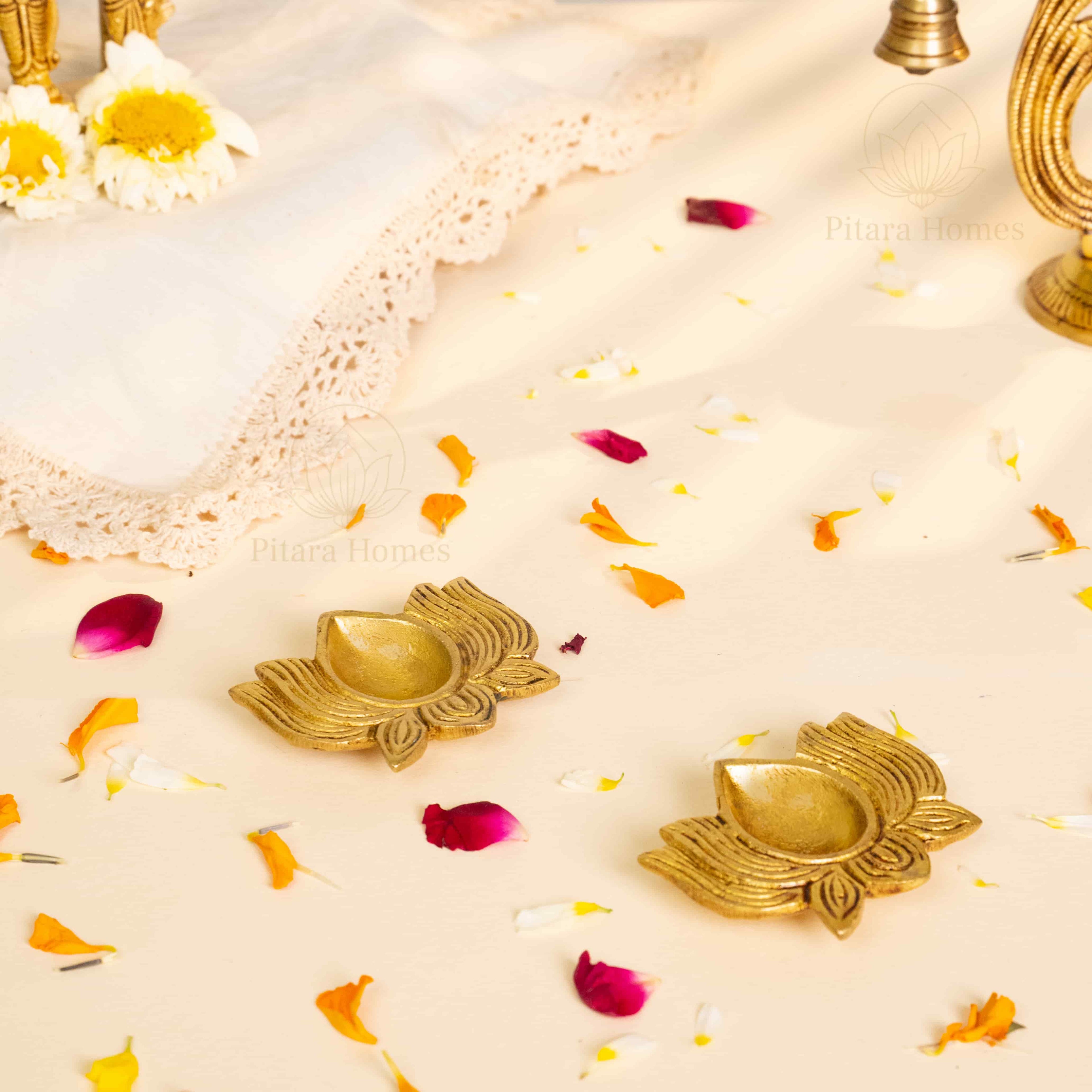 Pure Brass Lotus Diya Set of 2