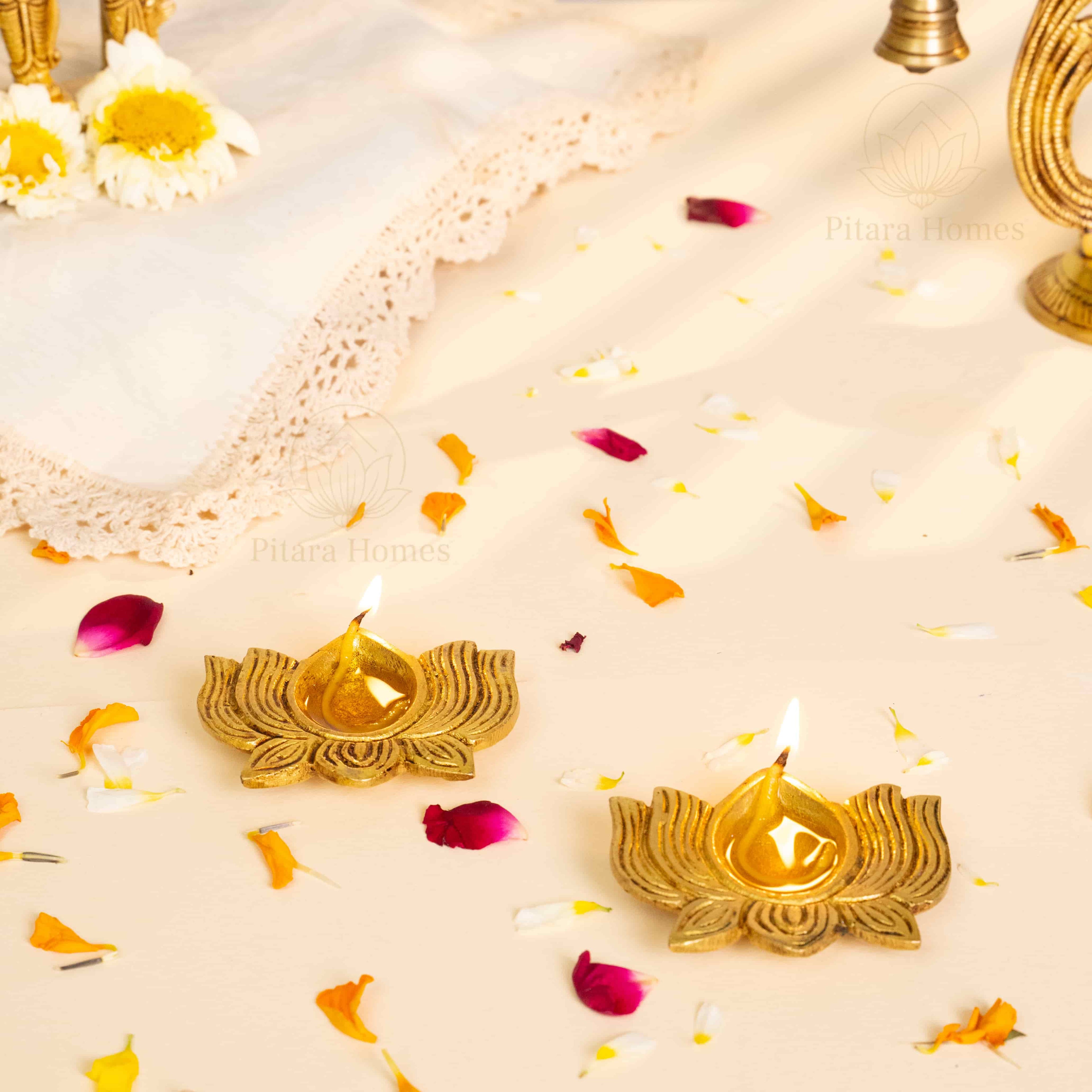 Pure Brass Lotus Diya Set of 2