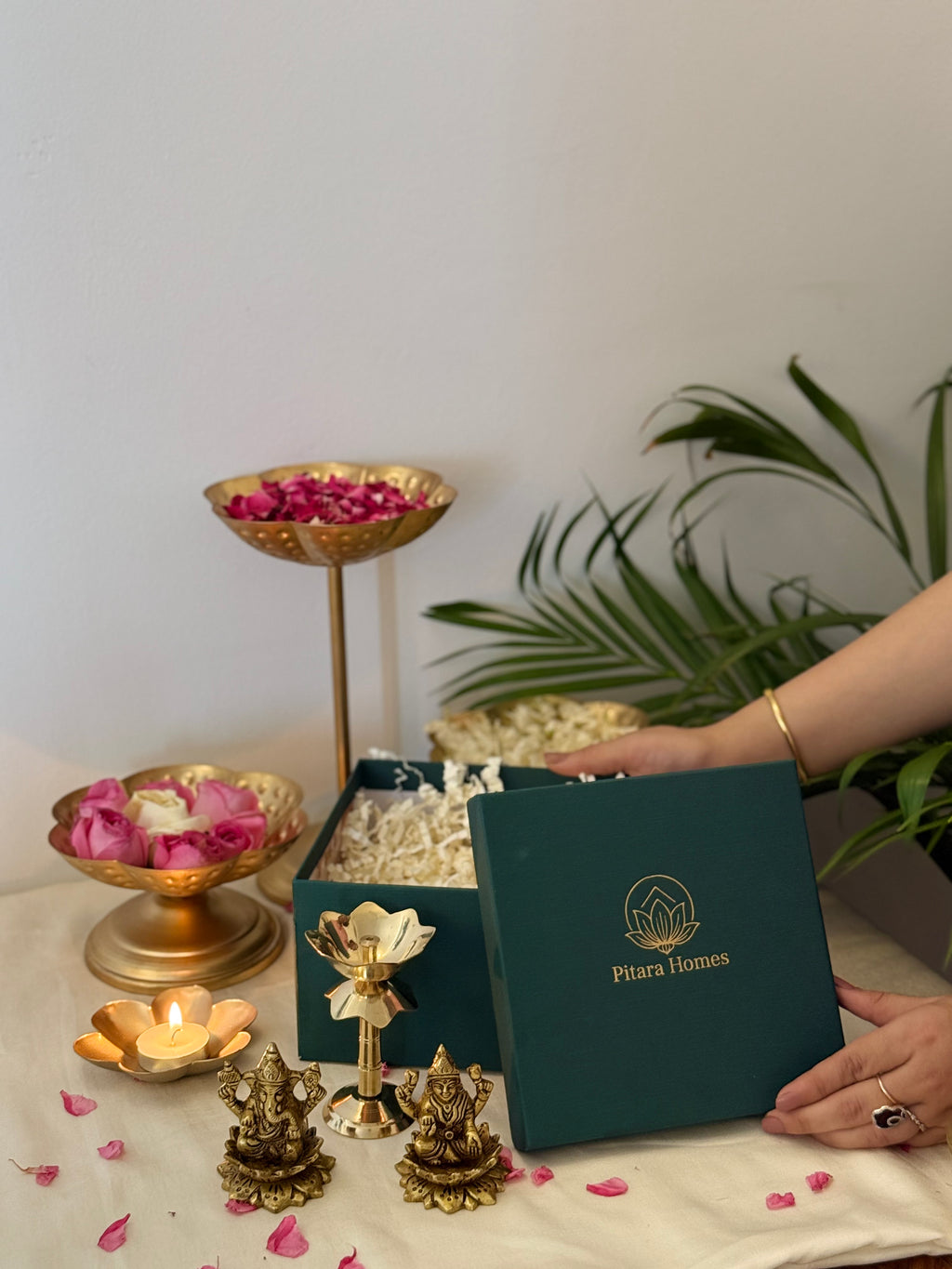Laxmi Ganesh Idol with Lotus Diya Prosperity Set