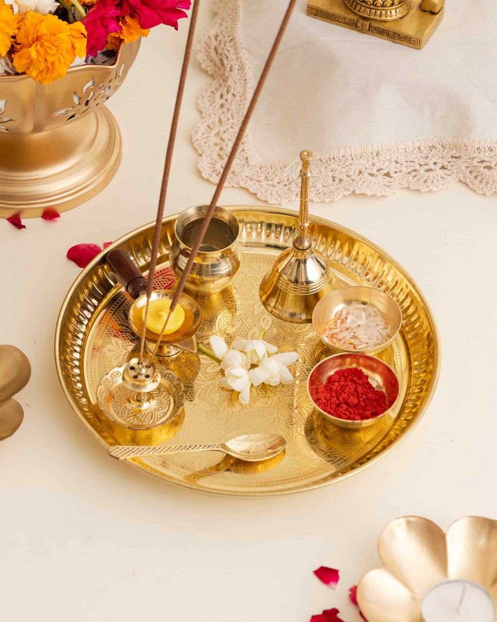 Pure Brass Etched Pooja Thali Set