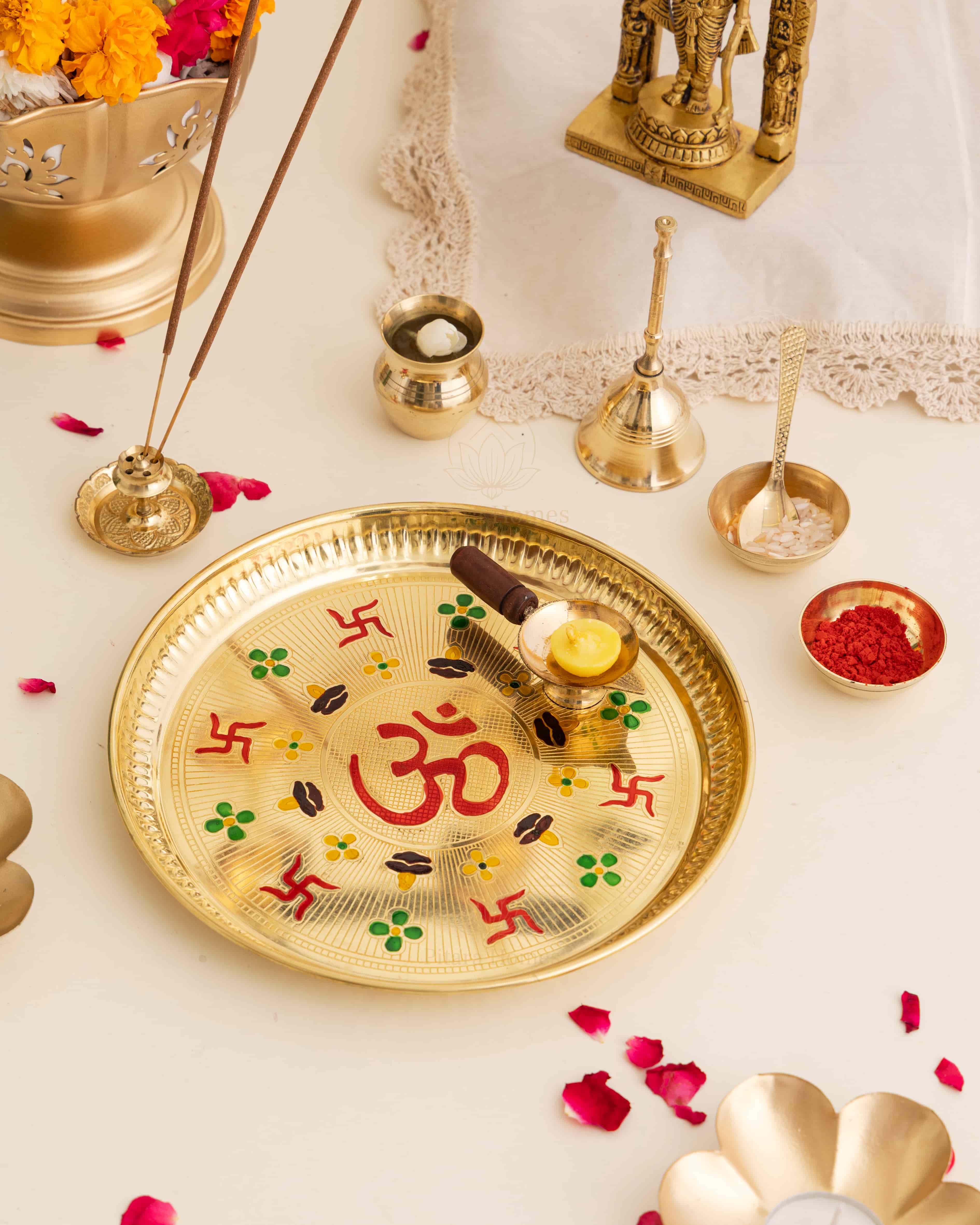 Pure Brass Om and Swastika Pooja Thali Set