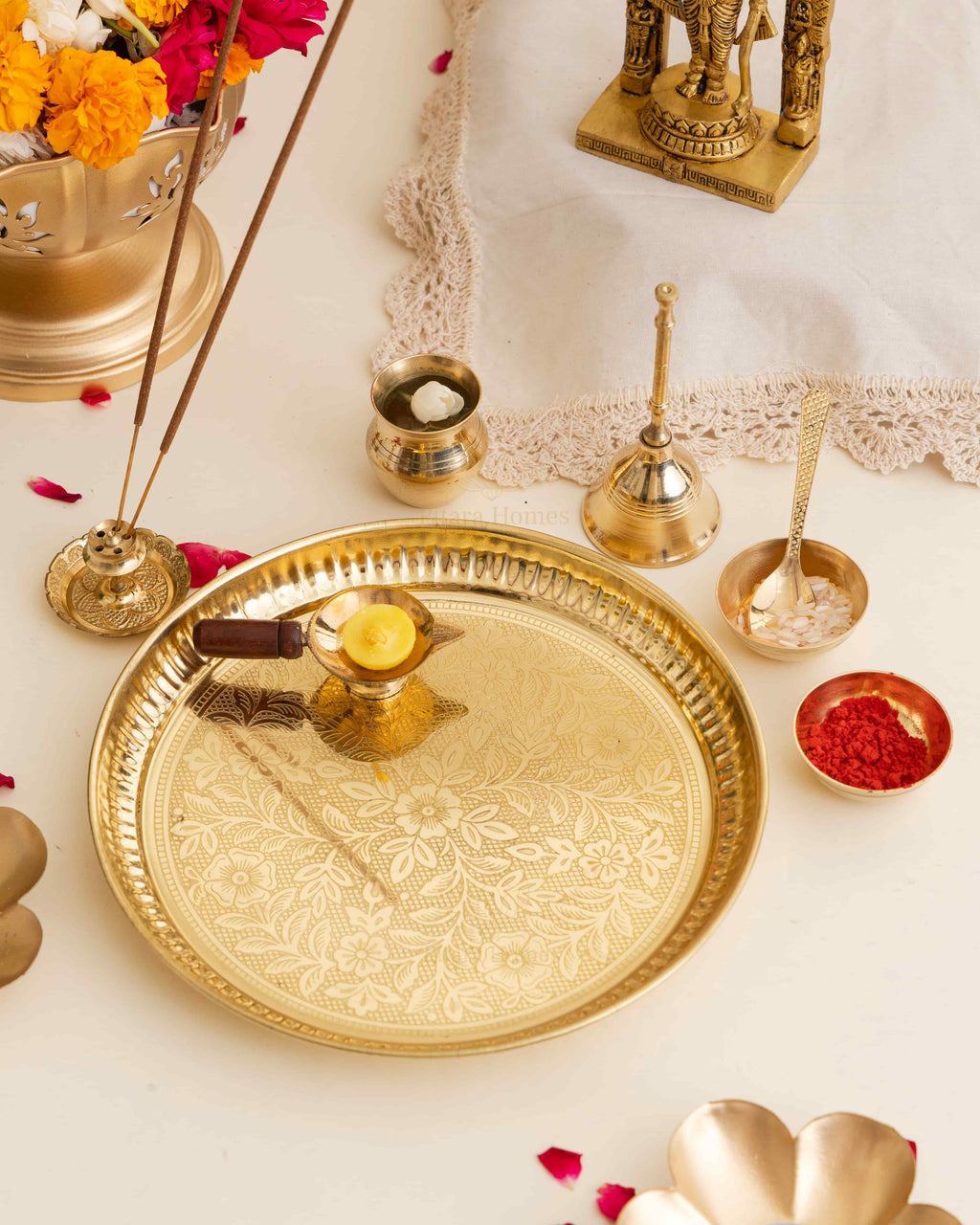 Pure Brass Etched Pooja Thali Set