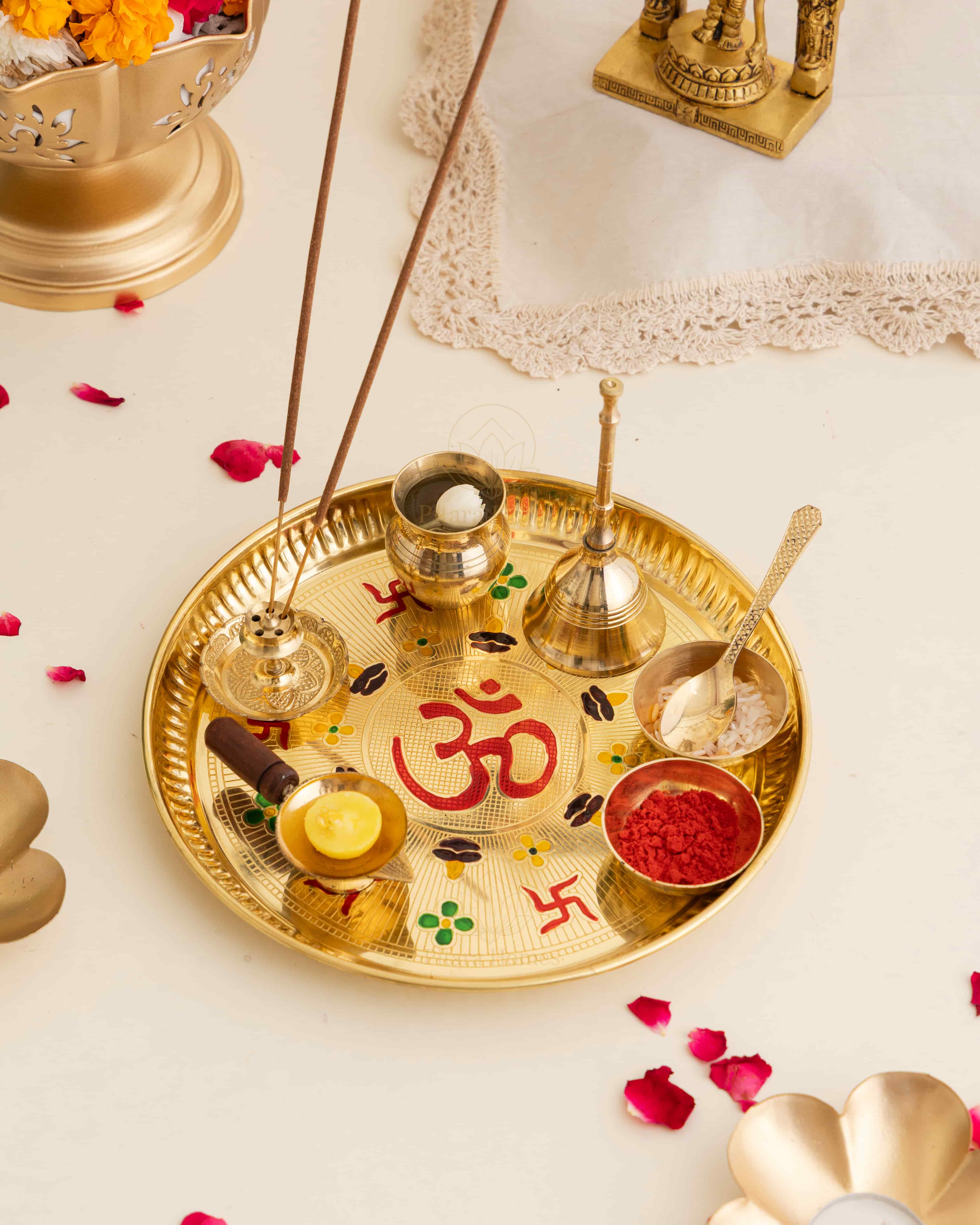 Pure Brass Om and Swastika Pooja Thali Set
