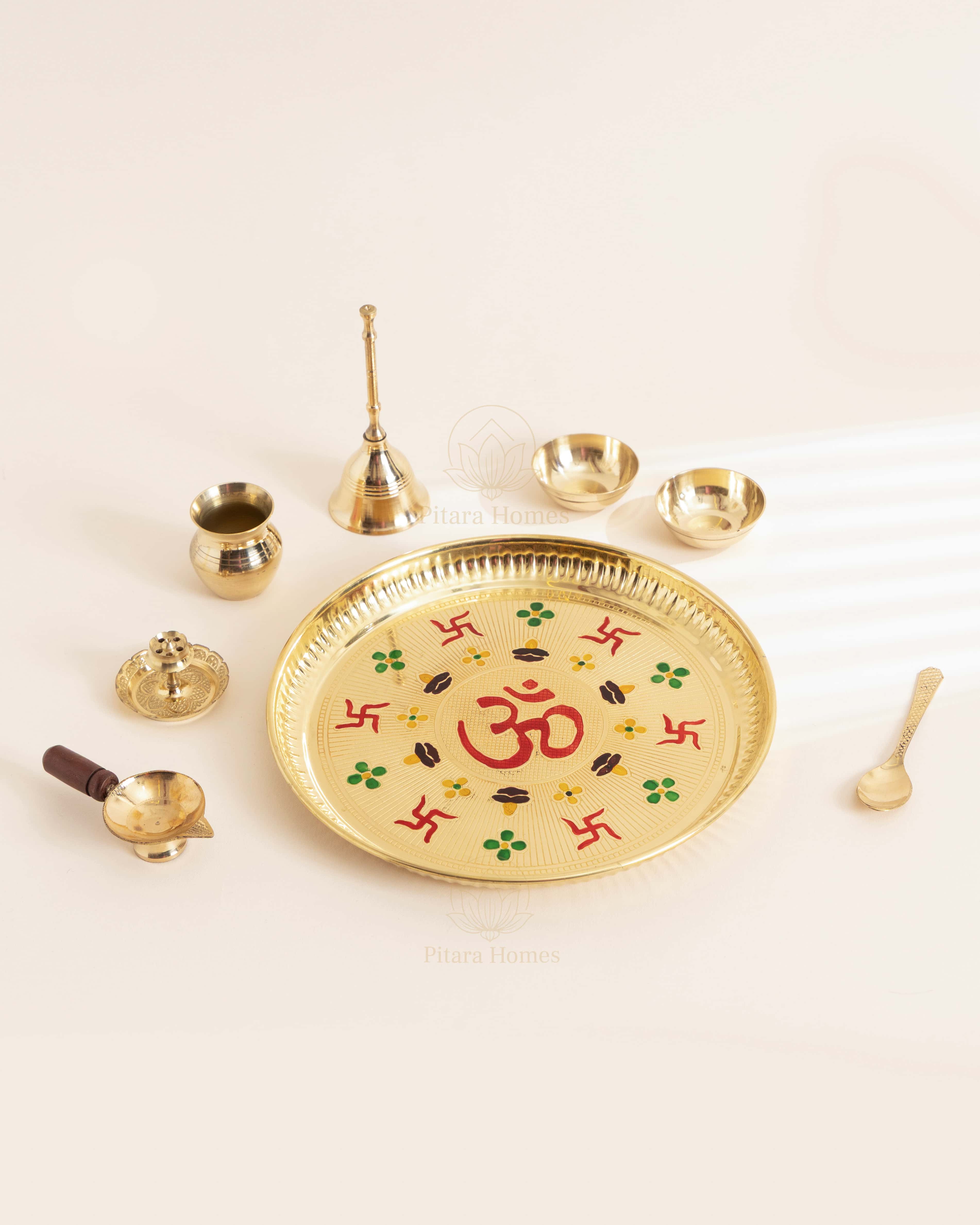 Pure Brass Om and Swastika Pooja Thali Set