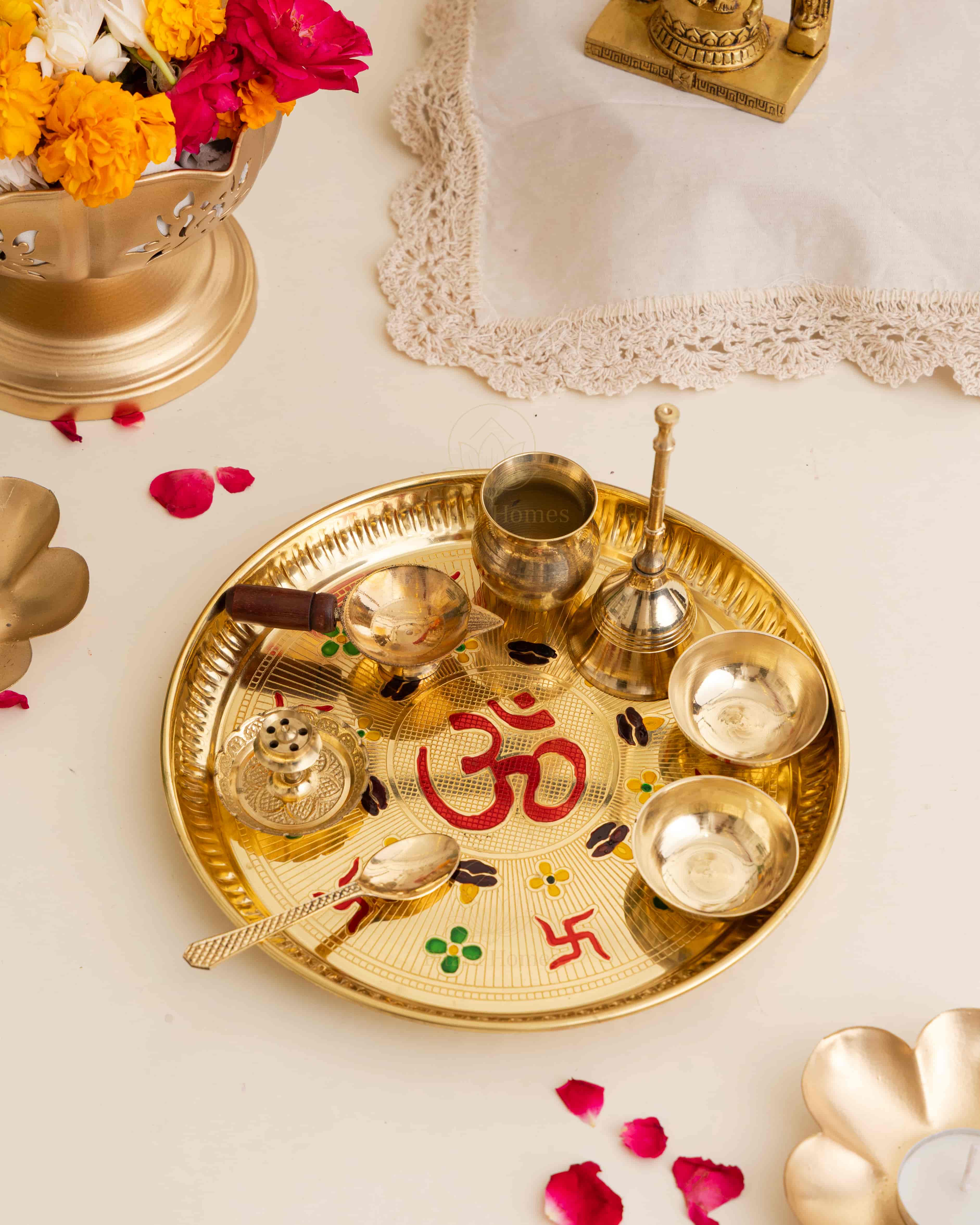 Pure Brass Om and Swastika Pooja Thali Set