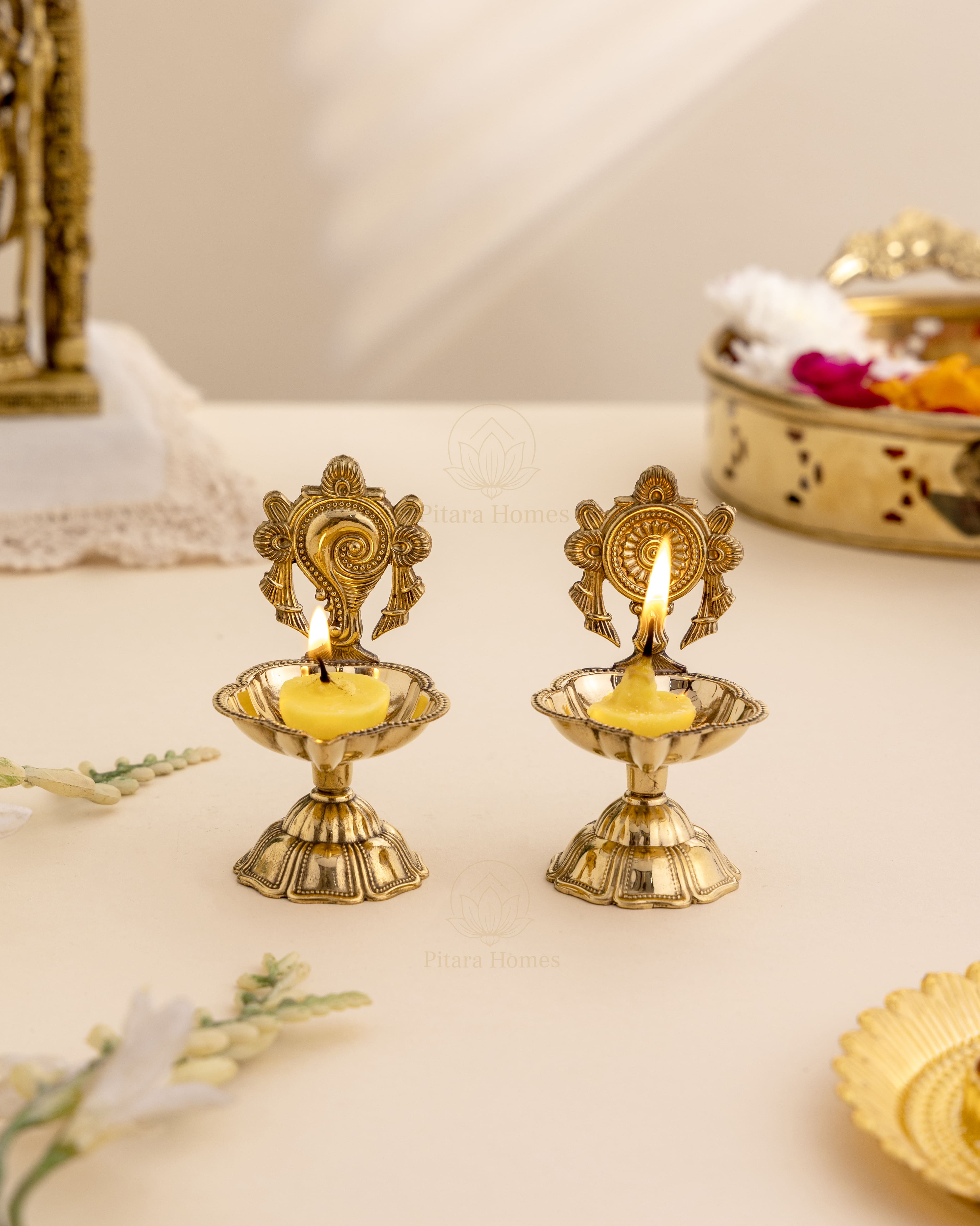 Pure Brass Shank & Chakra Deepak Set