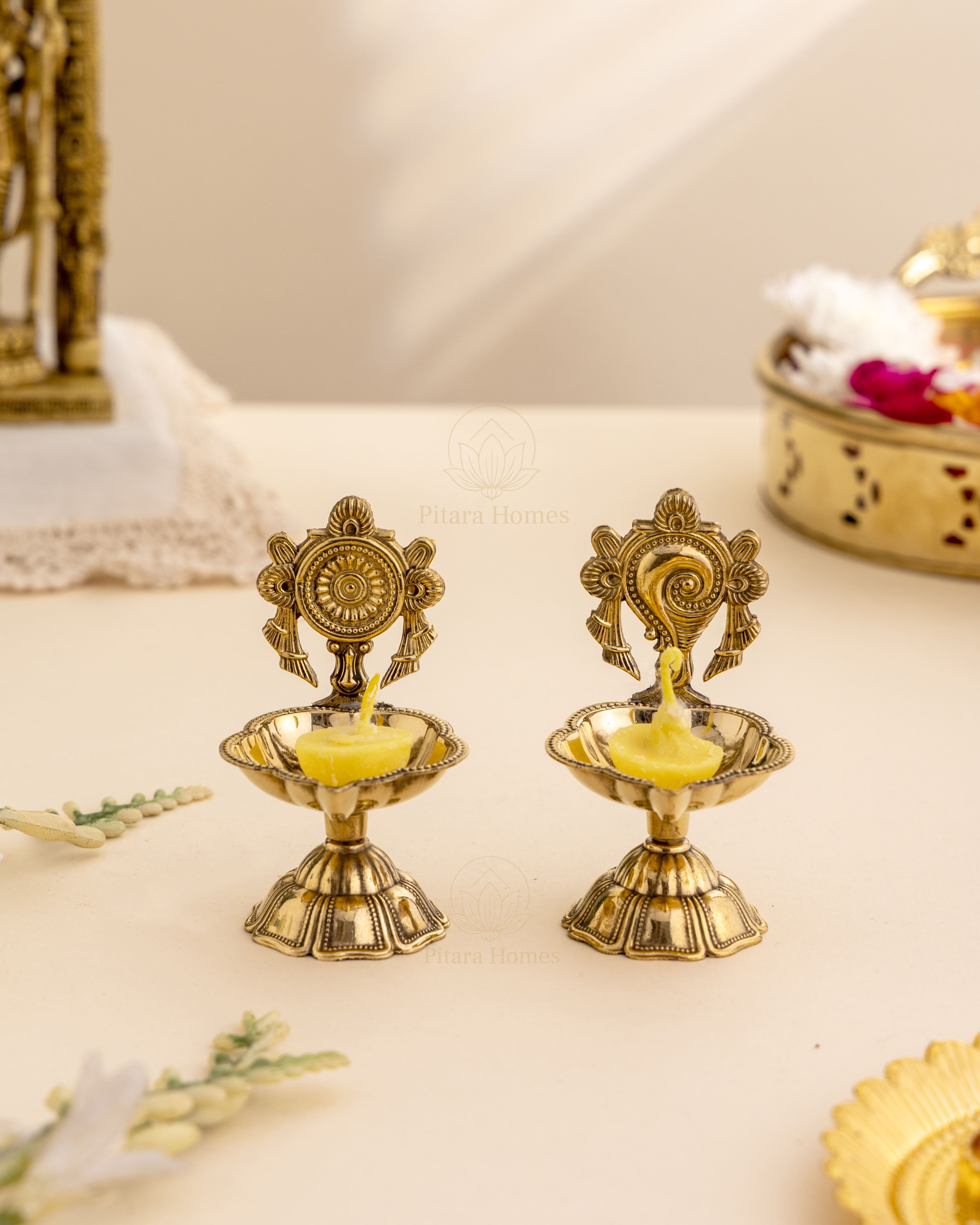 Pure Brass Shank & Chakra Deepak Set