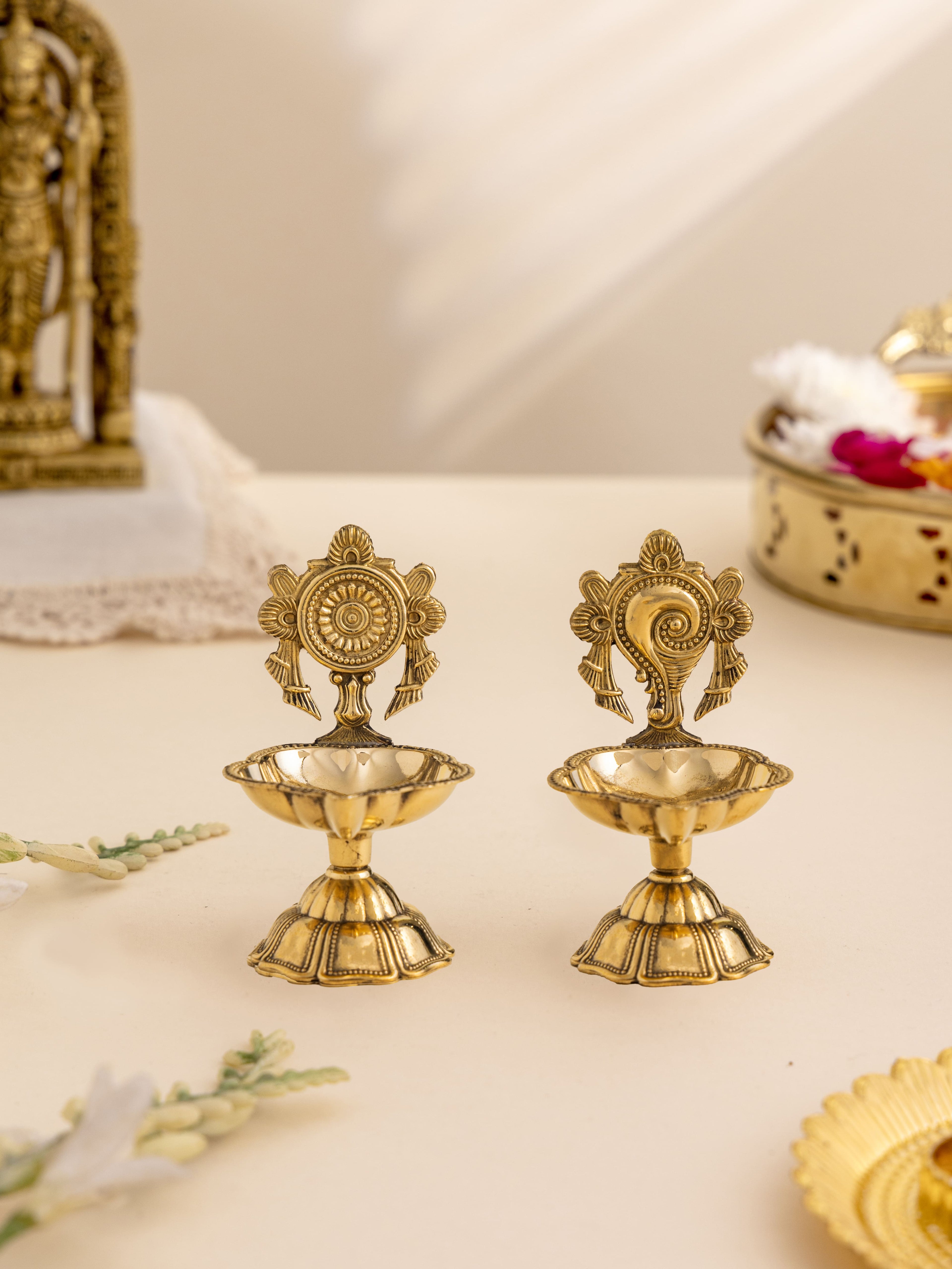Pure Brass Shank & Chakra Deepak Set